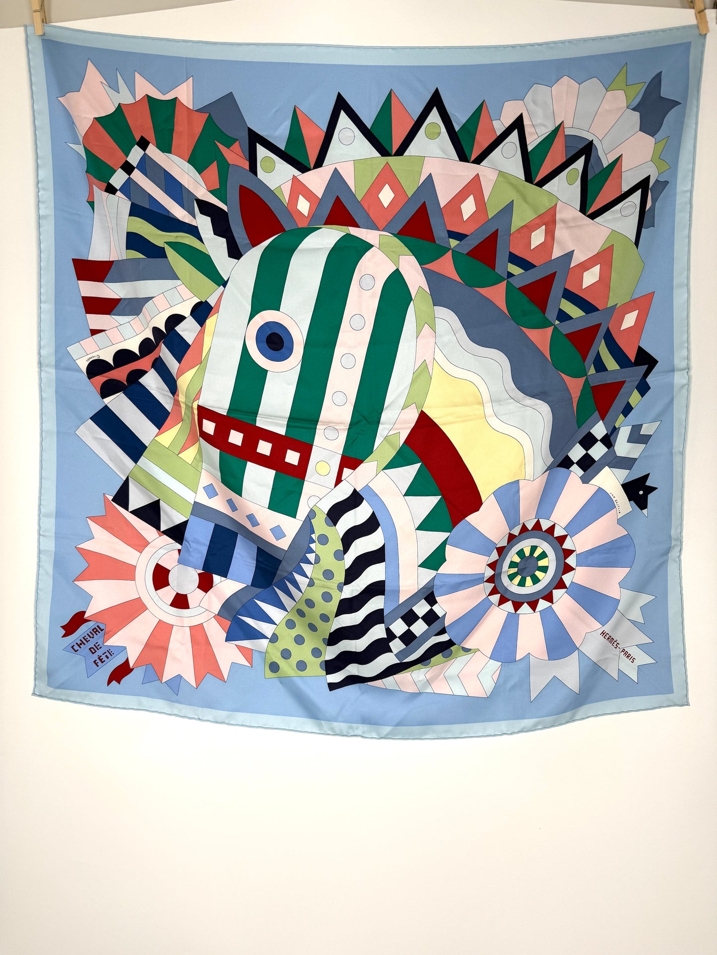 HERMES Cheval de Fete Horse Blue Green Rouge H Silk Square Scarf 90