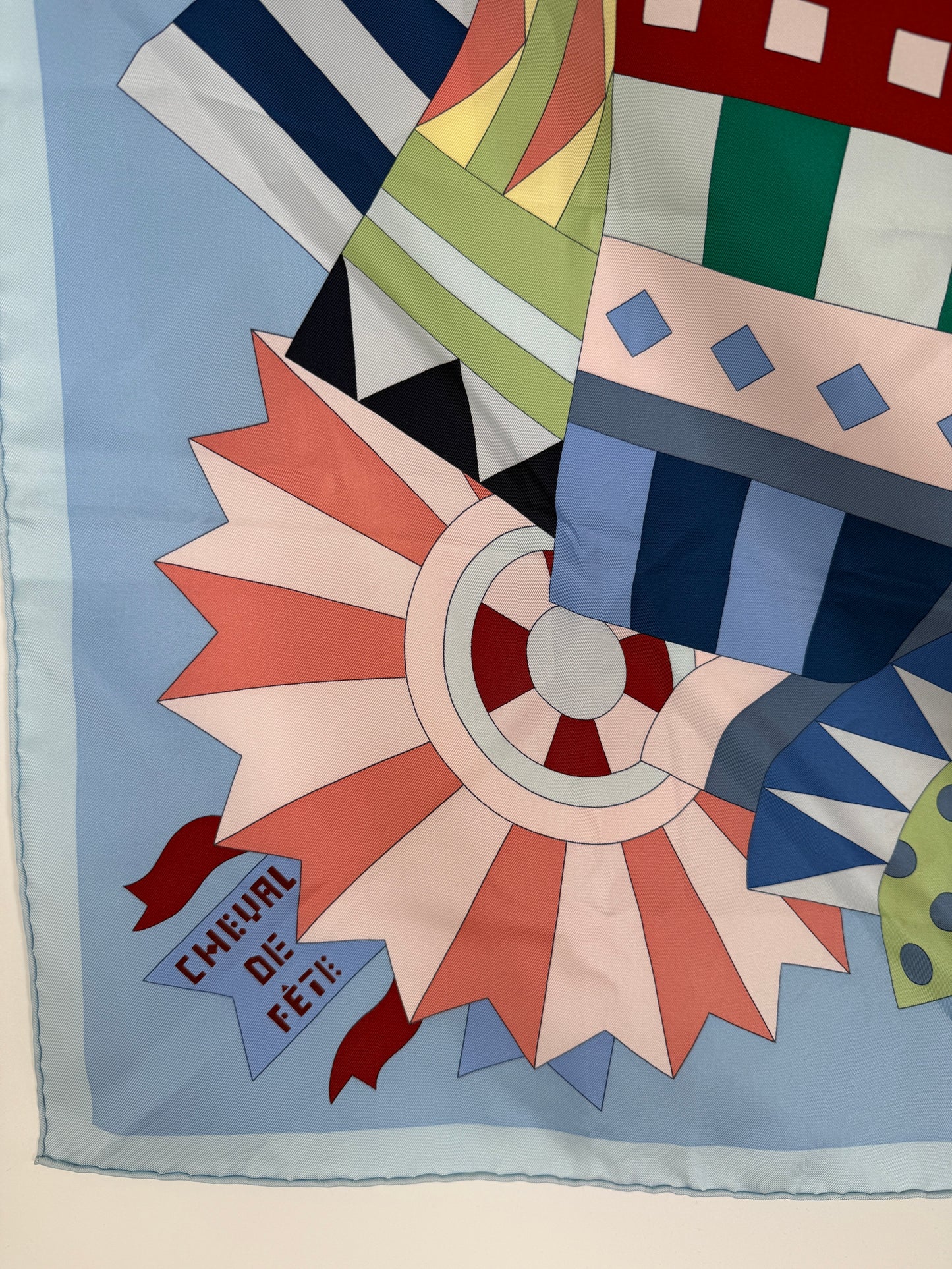 HERMES Cheval de Fete Horse Blue Green Rouge H Silk Square Scarf 90