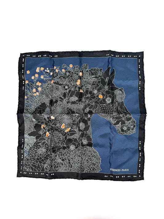 HERMES Robe Legere Embroidered Black Creme Silk Square Scarf 45