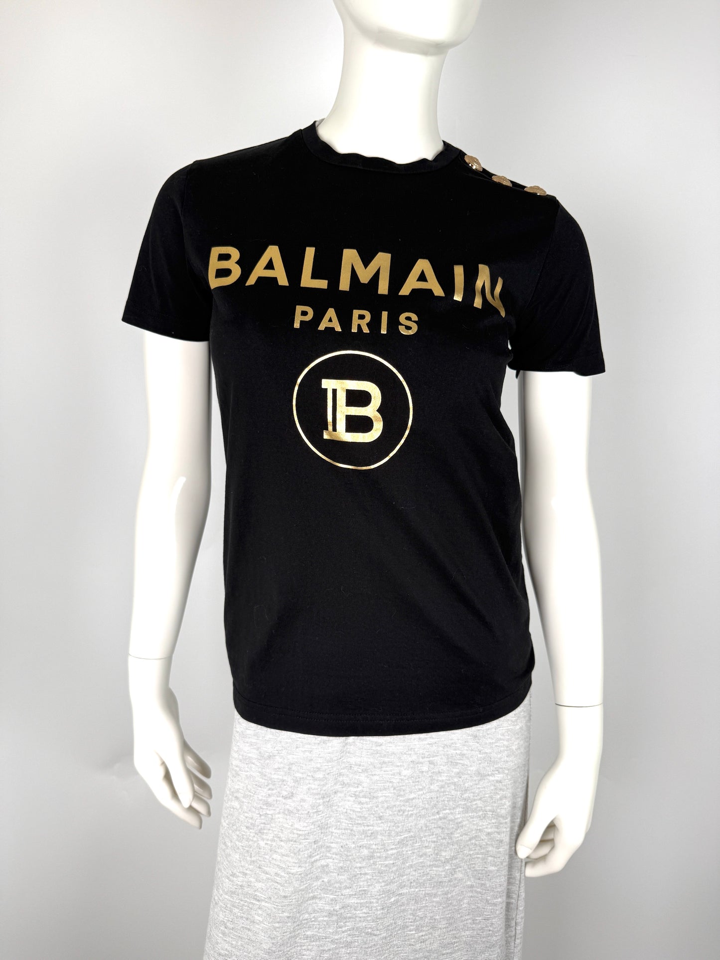  BALMAIN Men’s Paris Print Crew Neck with Buttons Short Sleeve Black Cotton Top T Shirt XS