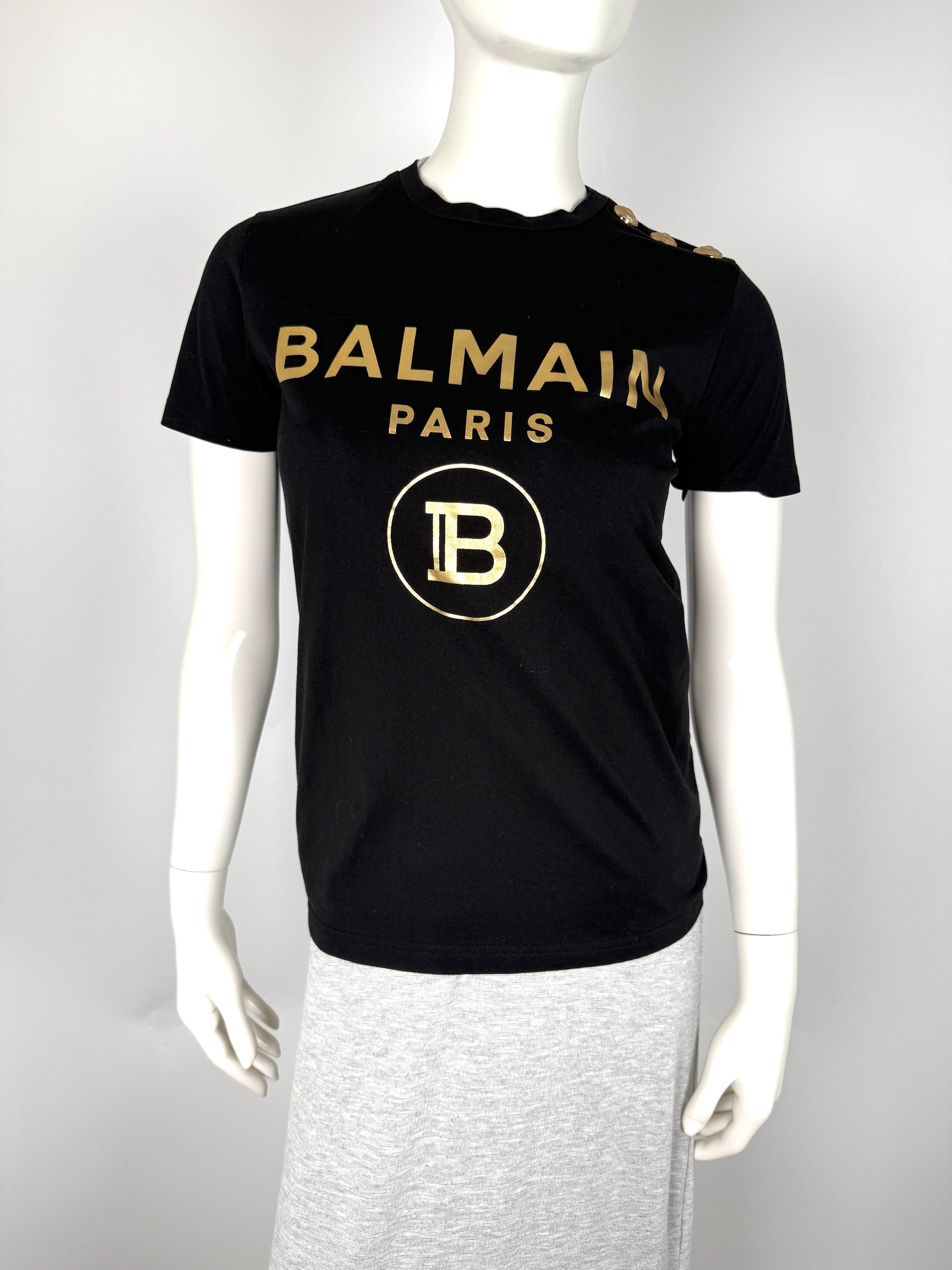  BALMAIN Men’s Paris Print Crew Neck with Buttons Short Sleeve Black Cotton Top T Shirt XS
