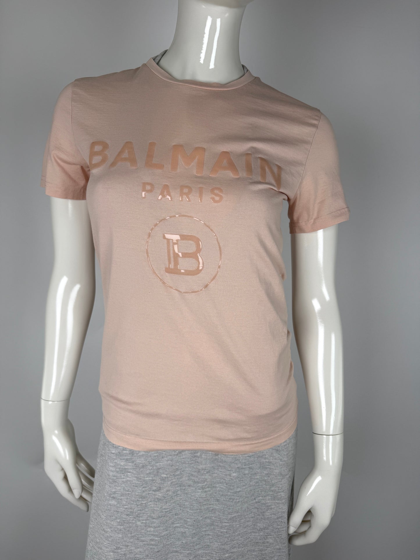 BALMAIN Men’s Paris Print Crew Neck Short Sleeve Light Beige Cotton Top T Shirt XS