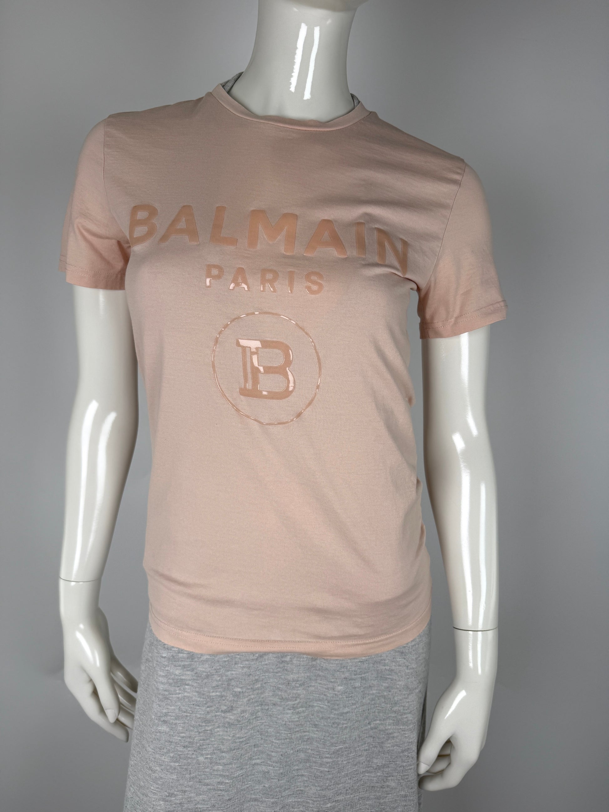 BALMAIN Men’s Paris Print Crew Neck Short Sleeve Light Beige Cotton Top T Shirt XS