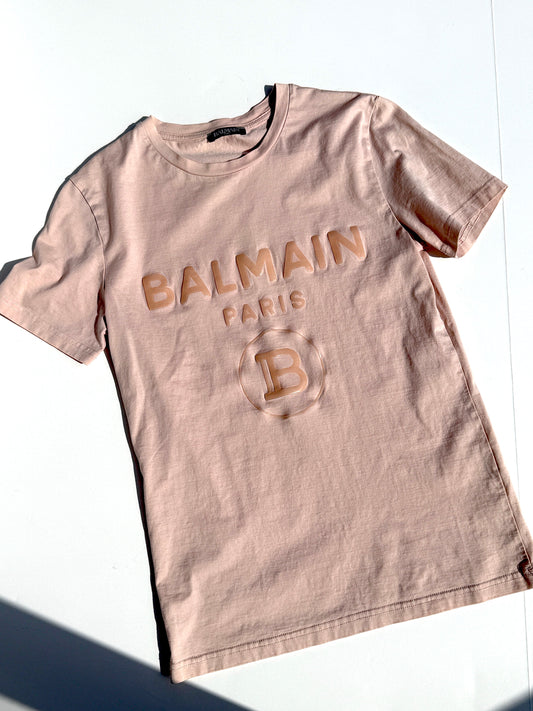 BALMAIN Men’s Paris Print Crew Neck Short Sleeve Light Beige Cotton Top T Shirt XS