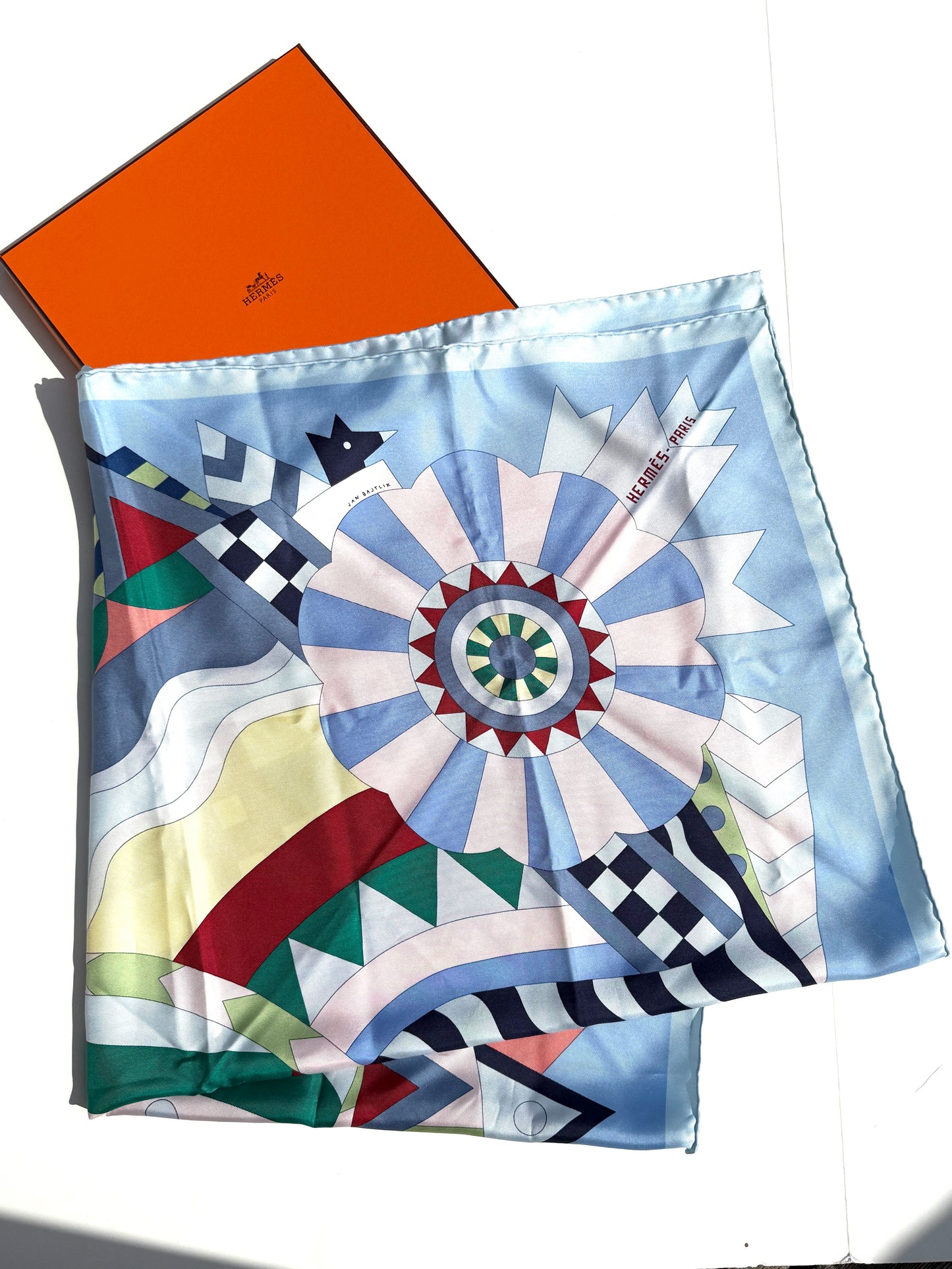 HERMES Cheval de Fete Horse Blue Green Rouge H Silk Square Scarf 90