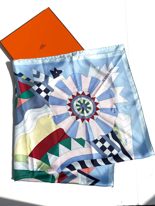 HERMES Cheval de Fete Horse Blue Green Rouge H Silk Square Scarf 90