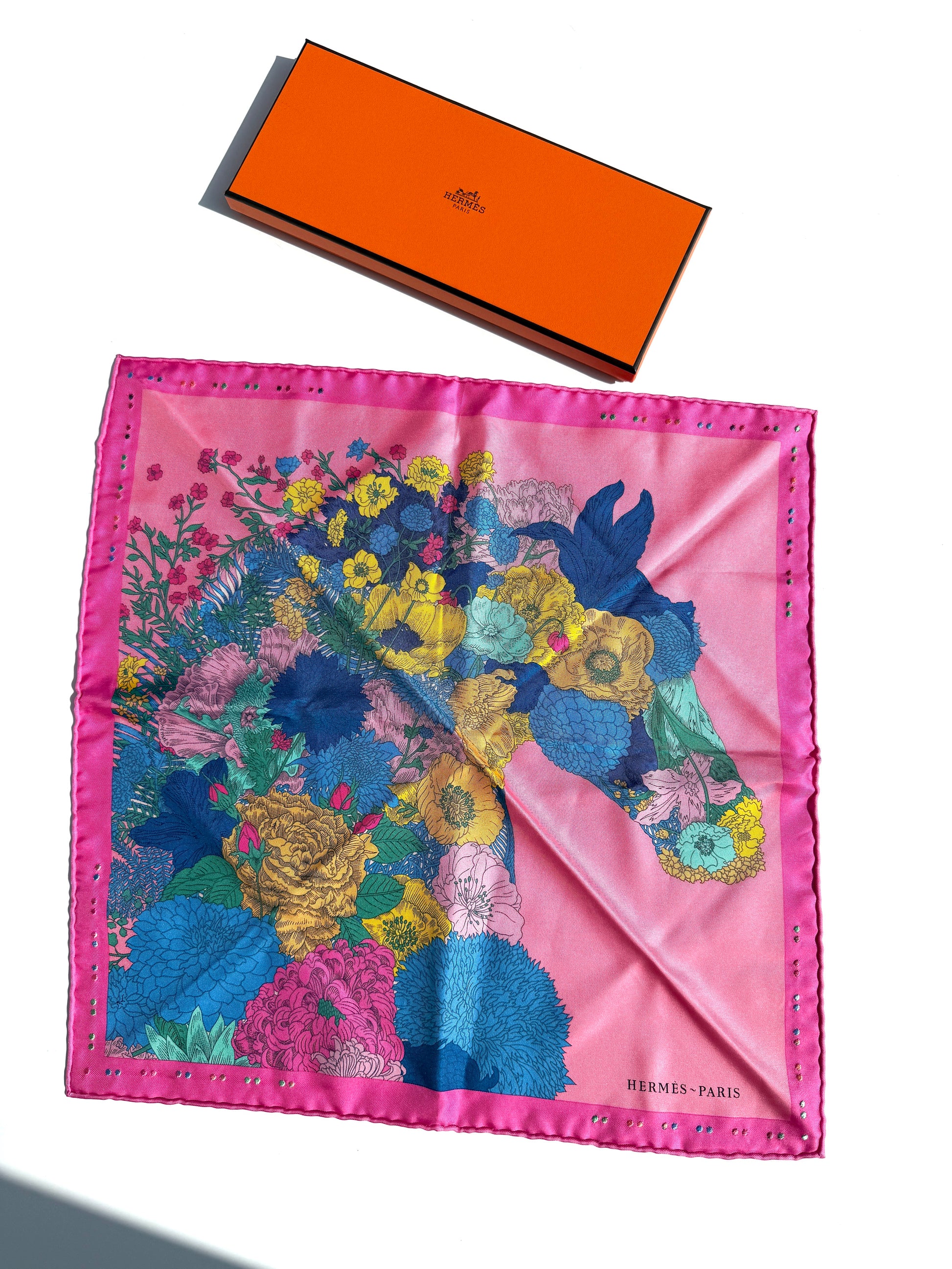 HERMES Robe Legere Embroidered Pink Blue Yellow Silk Square Scarf 45