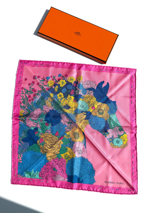 HERMES Robe Legere Embroidered Pink Blue Yellow Silk Square Scarf 45