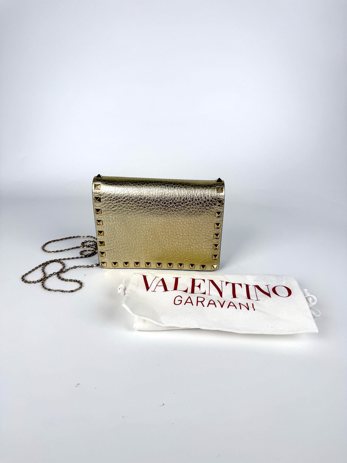 Valentino Garavani Rockstud Gold Leather Chain Crossbody Wallet on the Chain Bag