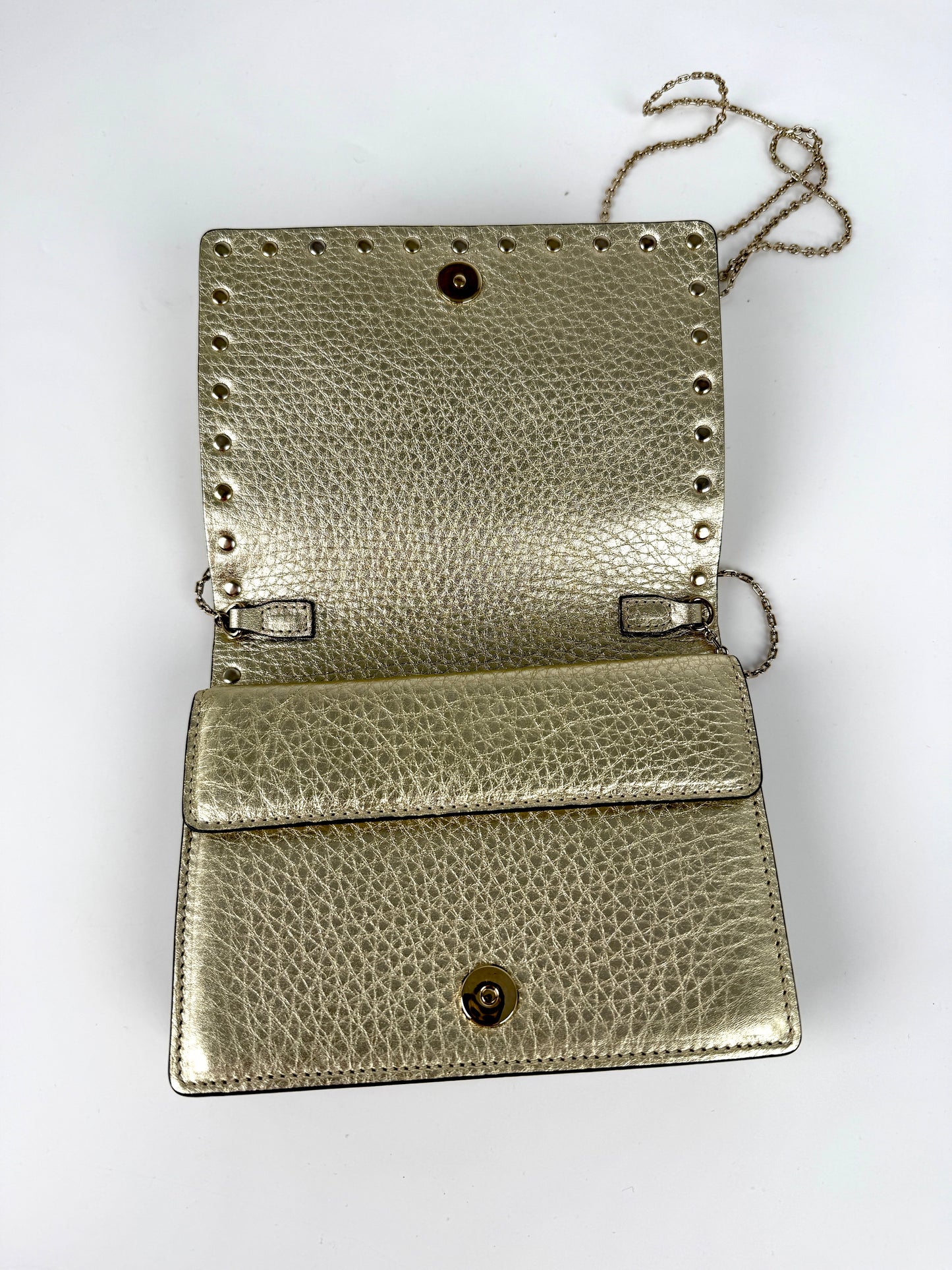 Valentino Garavani Rockstud Gold Leather Chain Crossbody Wallet on the Chain Bag