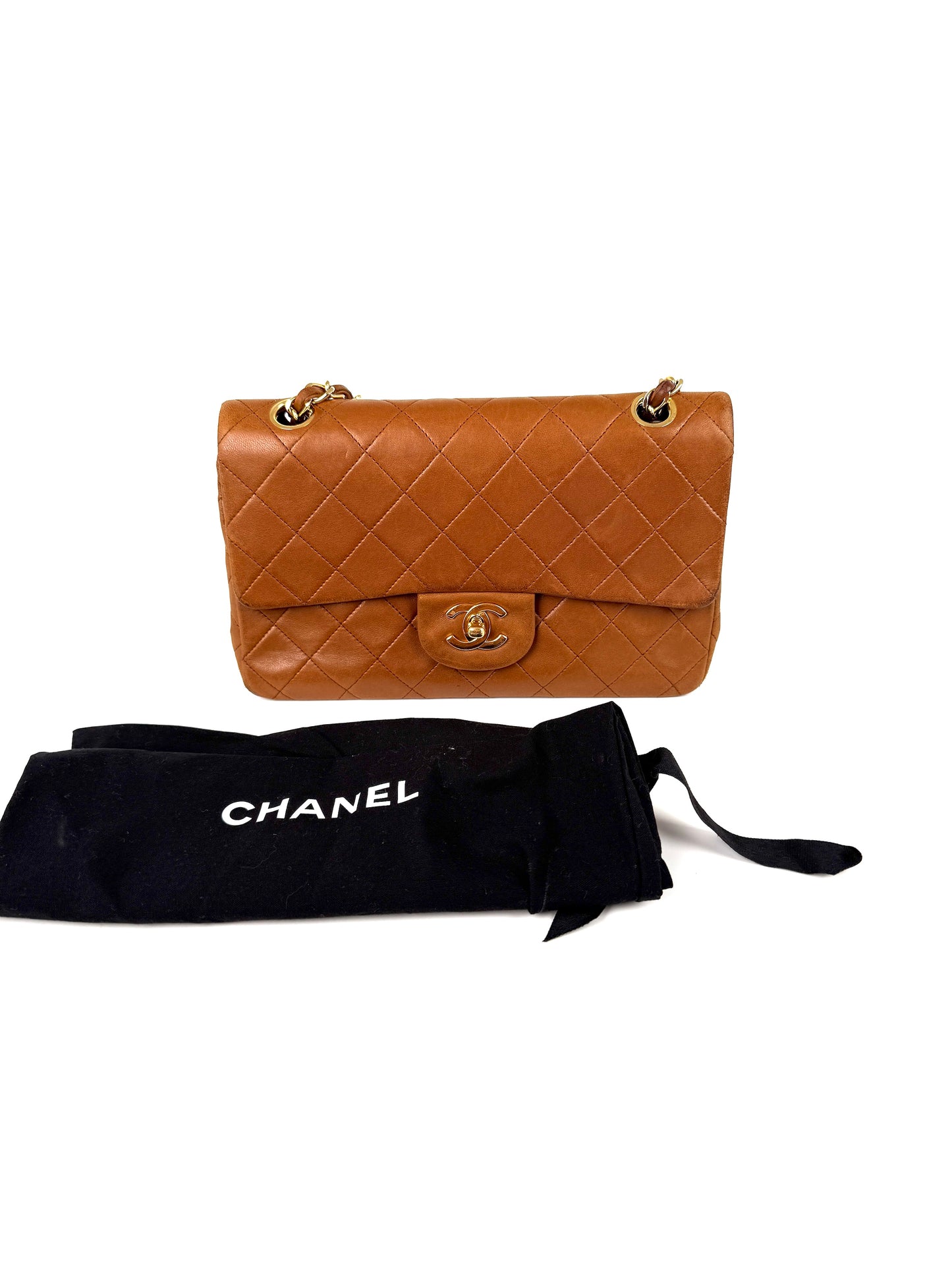 Chanel Vintage Brown Small Lambskin Quilted Leather Gold Hardware Double Flap Shoulder Bag
