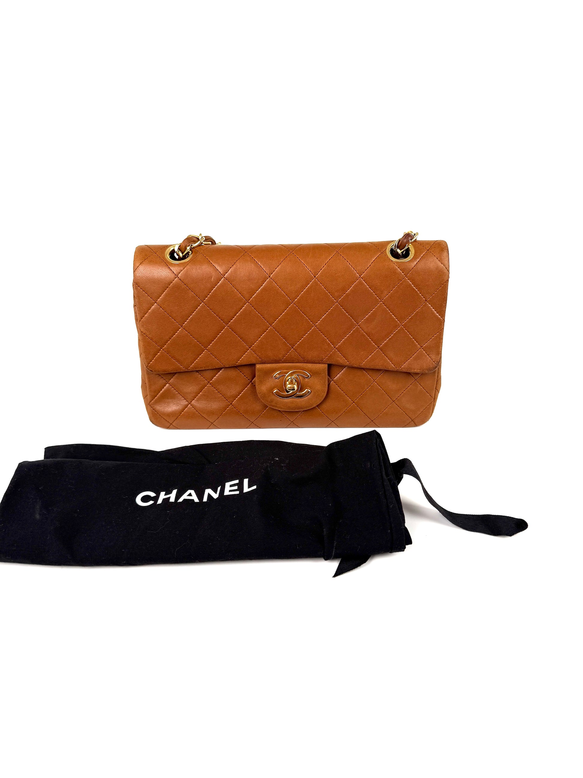 Chanel Vintage Brown Small Lambskin Quilted Leather Gold Hardware Double Flap Shoulder Bag