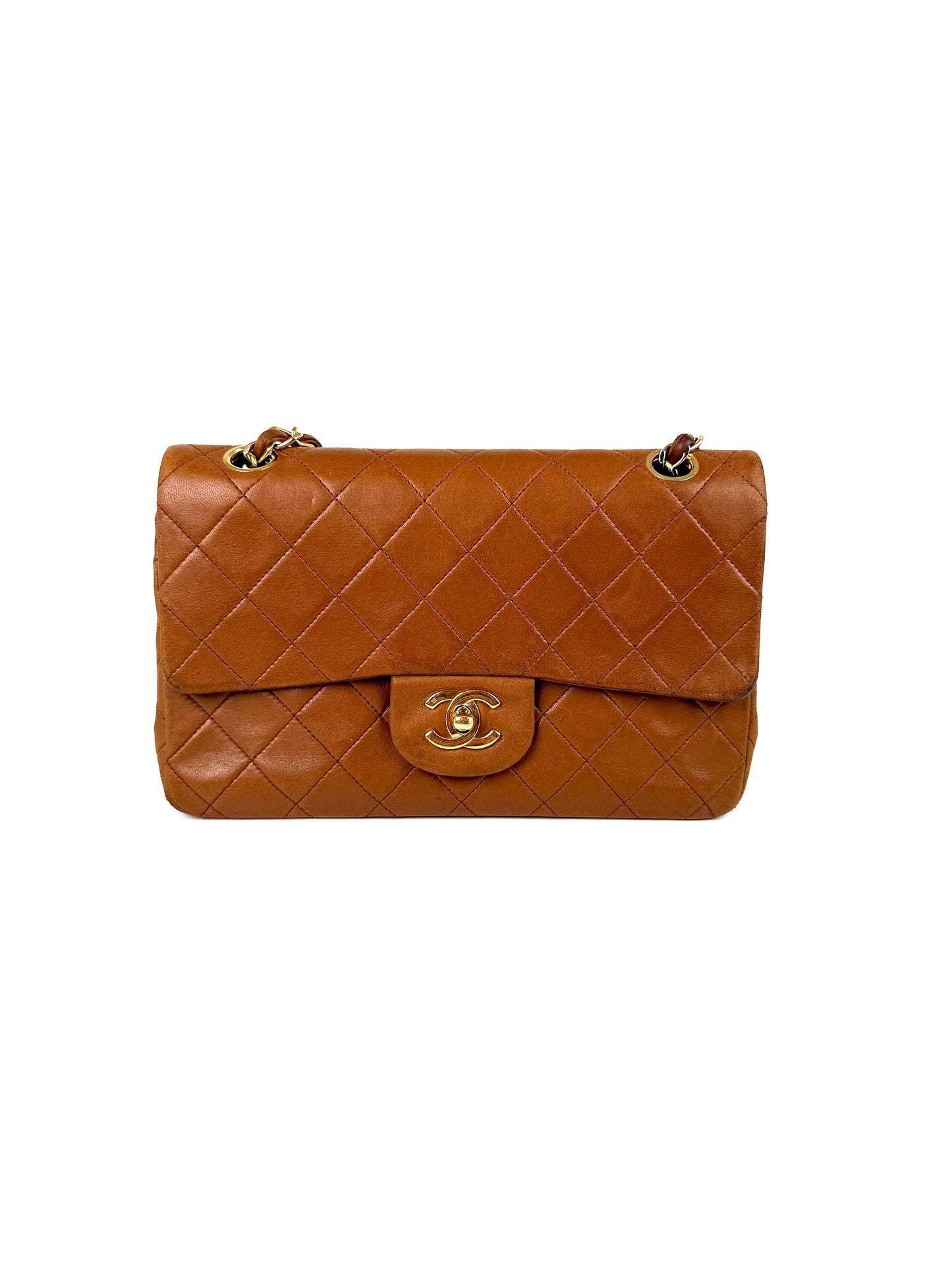 Chanel Vintage Brown Small Lambskin Quilted Leather Gold Hardware Double Flap Shoulder Bag