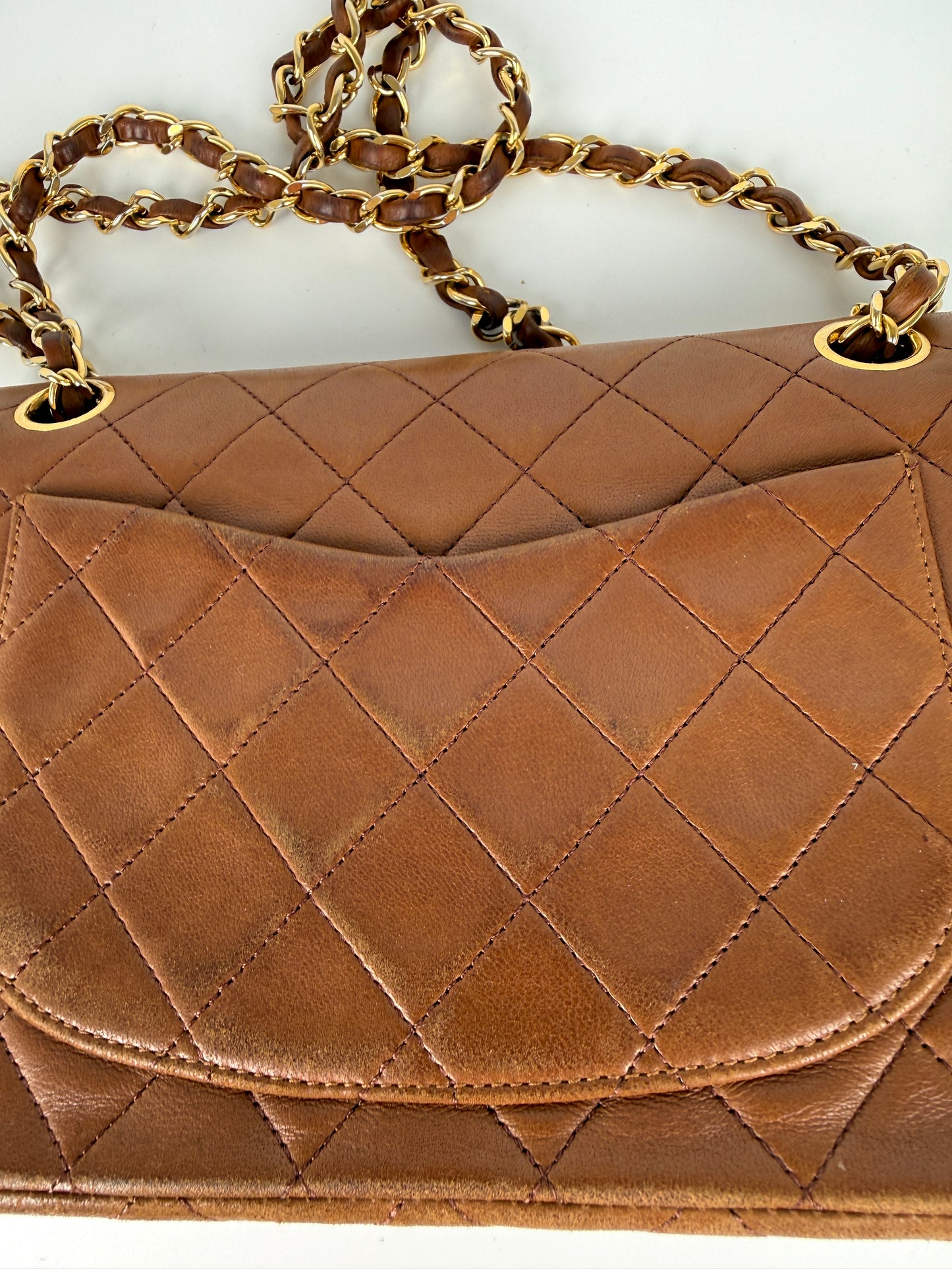 Chanel Vintage Brown Small Lambskin Quilted Leather Gold Hardware Double Flap Shoulder Bag