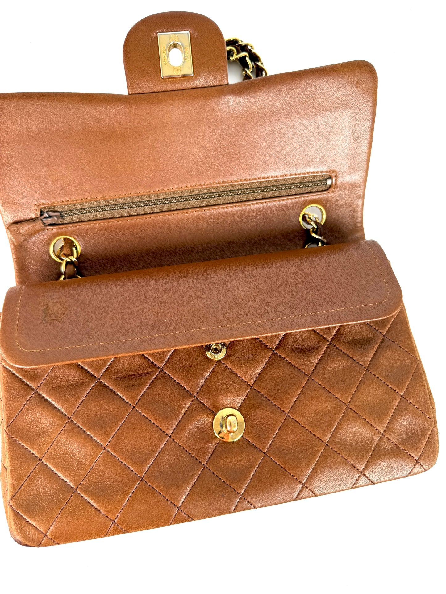 Chanel Vintage Brown Small Lambskin Quilted Leather Gold Hardware Double Flap Shoulder Bag
