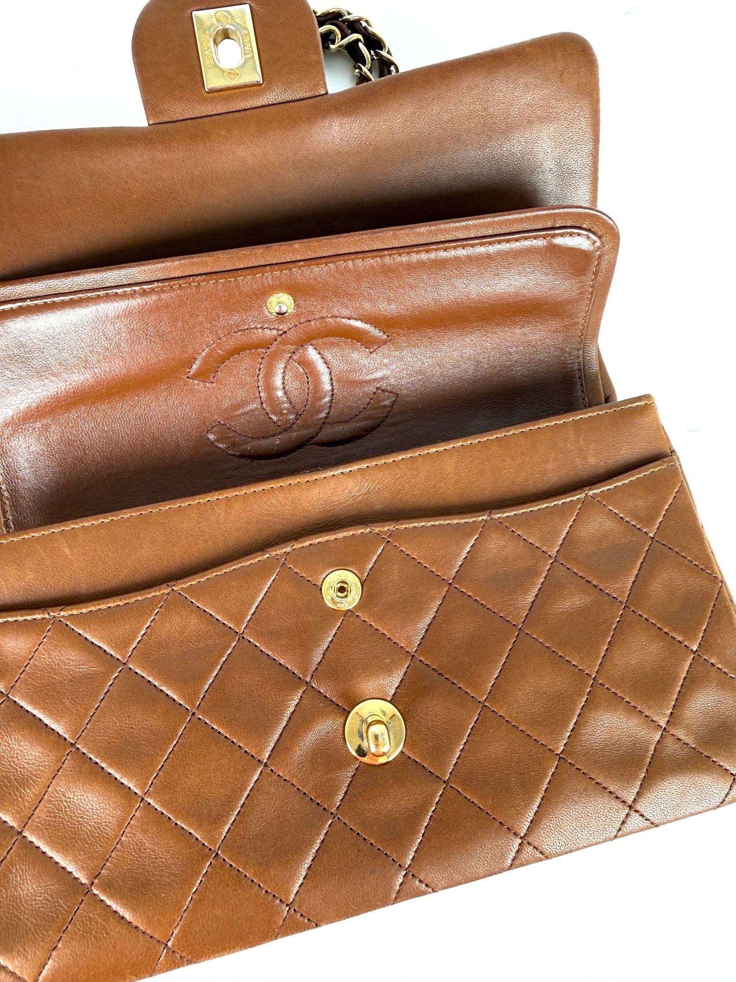 Chanel Vintage Brown Small Lambskin Quilted Leather Gold Hardware Double Flap Shoulder Bag