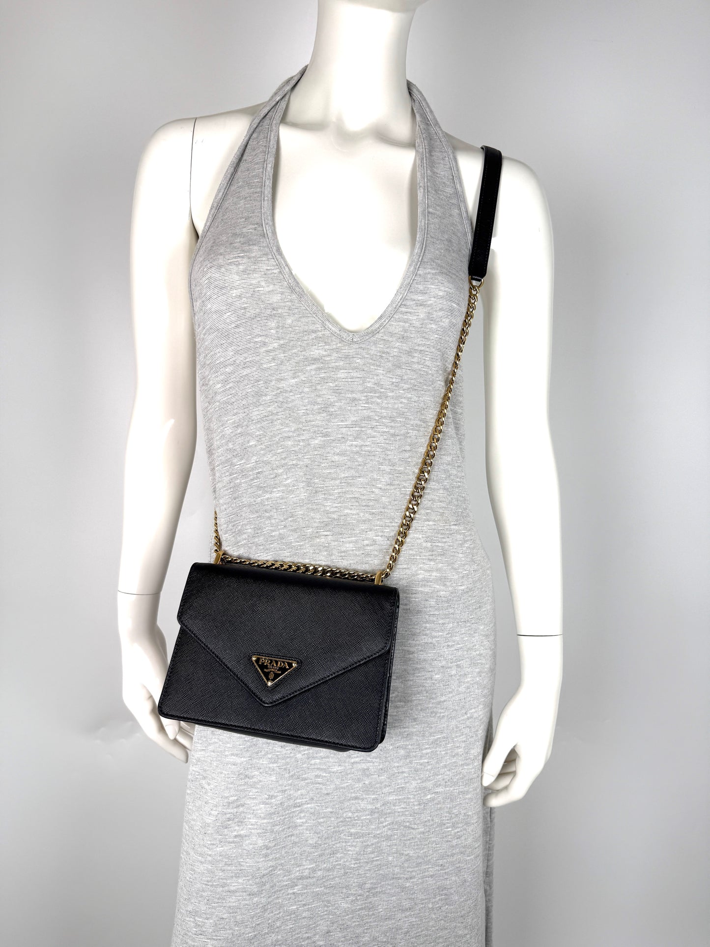 Prada Envelope Saffiano Soft Calfskin Flap Chain Metal Triangle Logo Black Leather Shoulder Crossbody Bag 