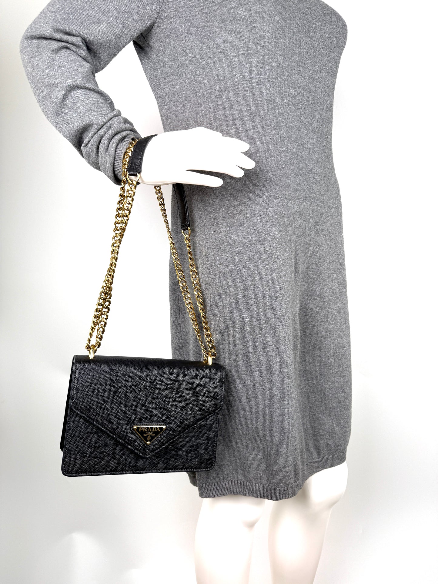 Prada Envelope Saffiano Soft Calfskin Flap Chain Metal Triangle Logo Black Leather Shoulder Crossbody Bag 