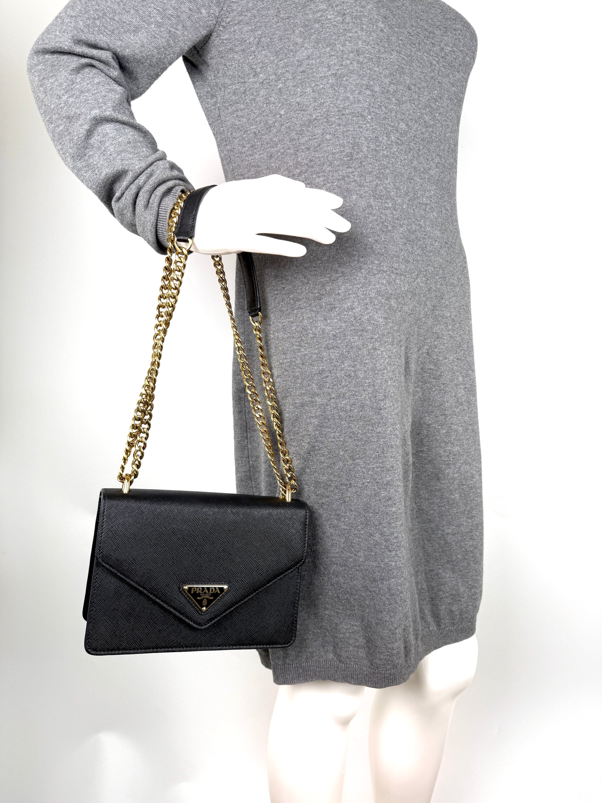 Prada Envelope Saffiano Soft Calfskin Flap Chain Metal Triangle Logo Black Leather Shoulder Crossbody Bag 