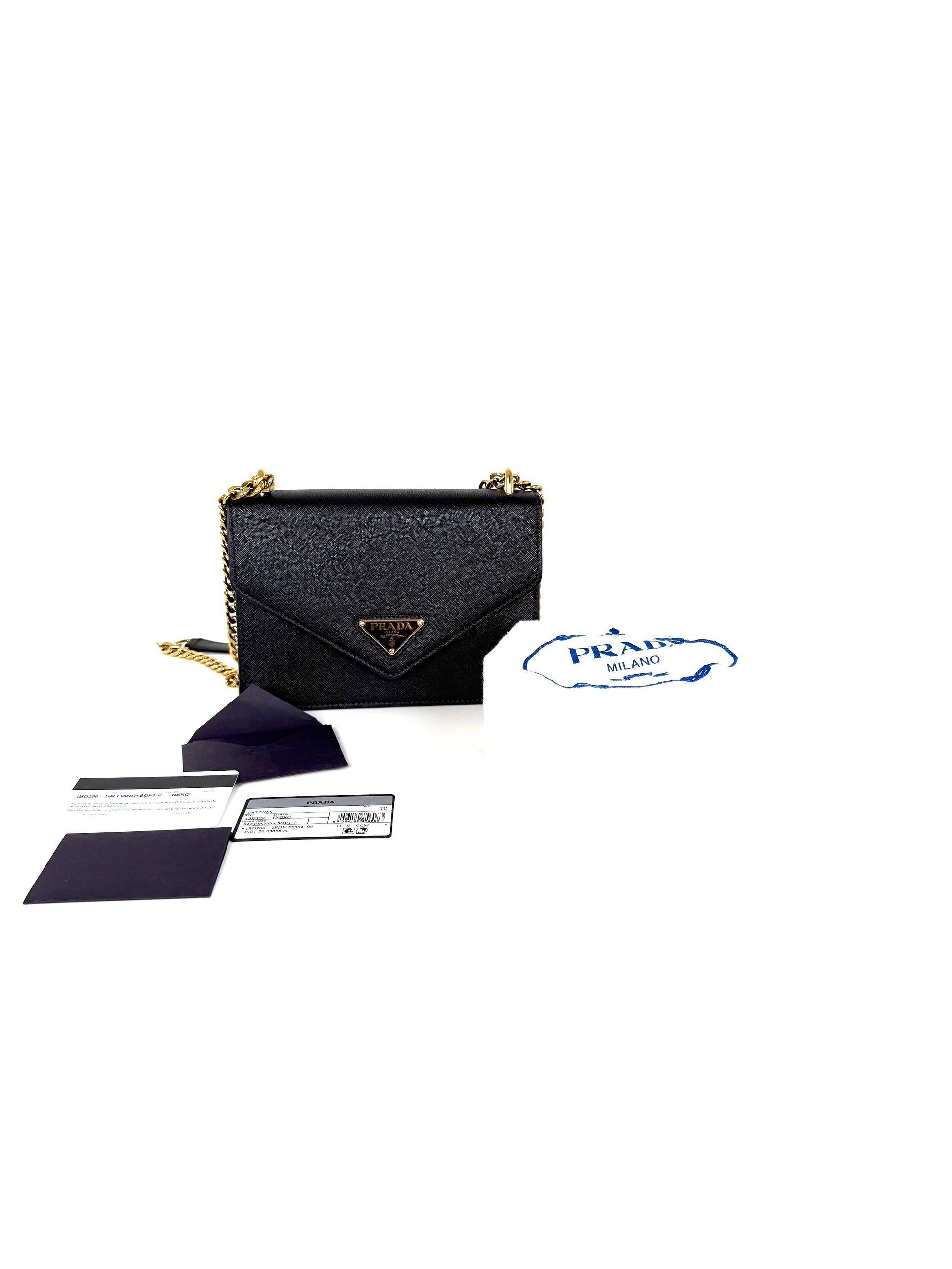 Prada Envelope Saffiano Soft Calfskin Flap Chain Metal Triangle Logo Black Leather Shoulder Crossbody Bag 