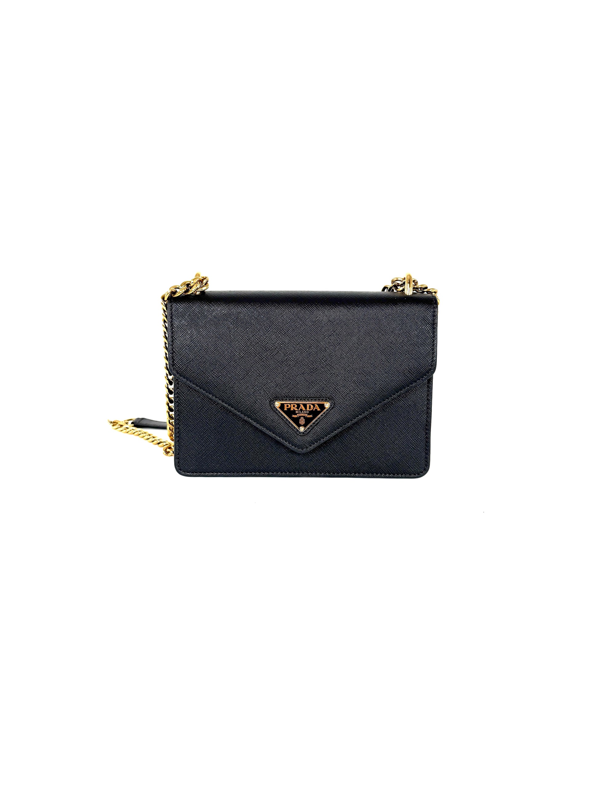 Prada Envelope Saffiano Soft Calfskin Flap Chain Metal Triangle Logo Black Leather Shoulder Crossbody Bag 