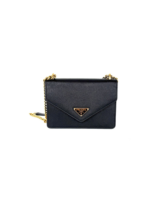 Prada Envelope Saffiano Soft Calfskin Flap Chain Metal Triangle Logo Black Leather Shoulder Crossbody Bag 