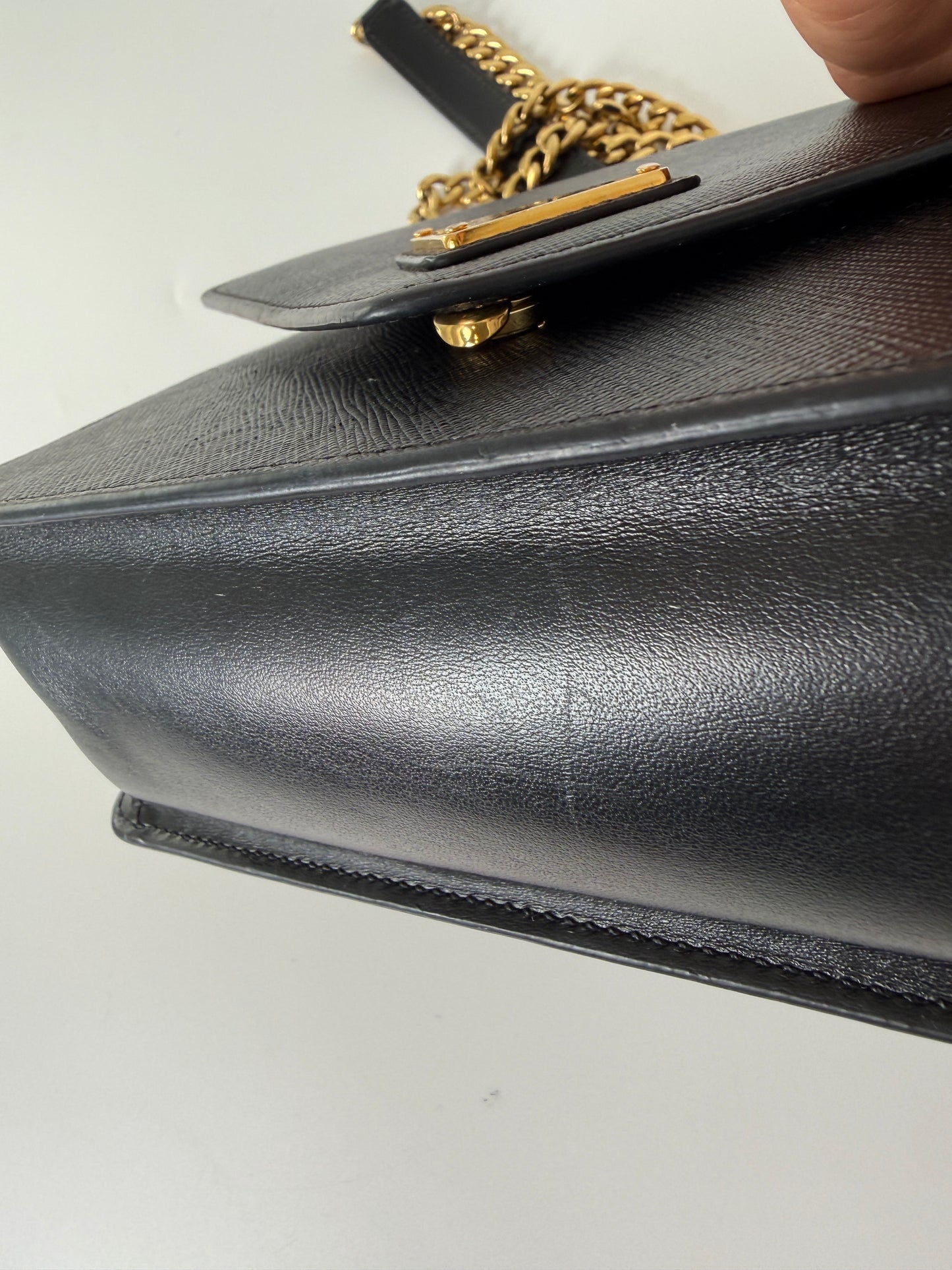 Prada Envelope Saffiano Soft Calfskin Flap Chain Metal Triangle Logo Black Leather Shoulder Crossbody Bag