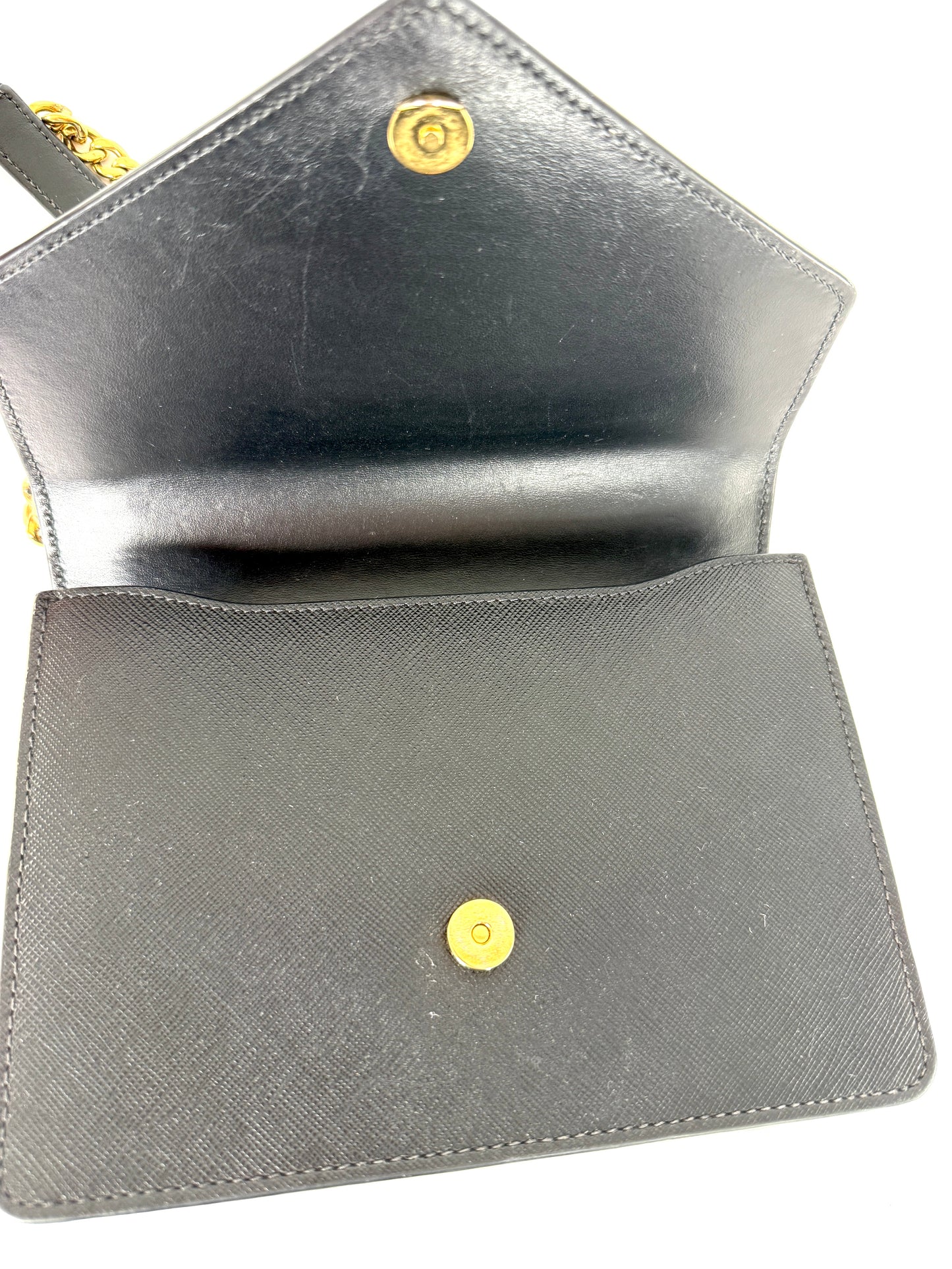 Prada Envelope Saffiano Soft Calfskin Flap Chain Metal Triangle Logo Black Leather Shoulder Crossbody Bag