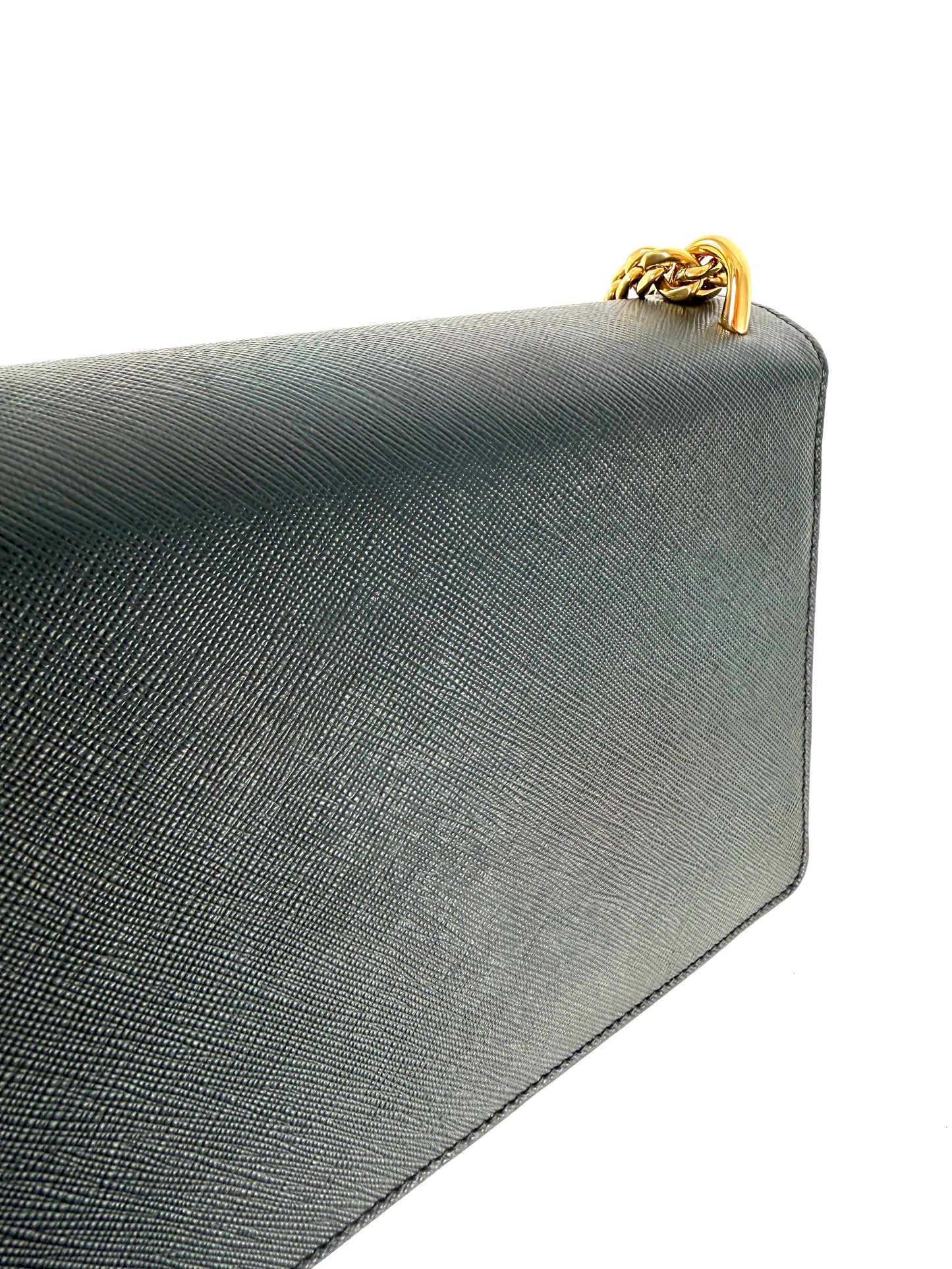 Prada Envelope Saffiano Soft Calfskin Flap Chain Metal Triangle Logo Black Leather Shoulder Crossbody Bag