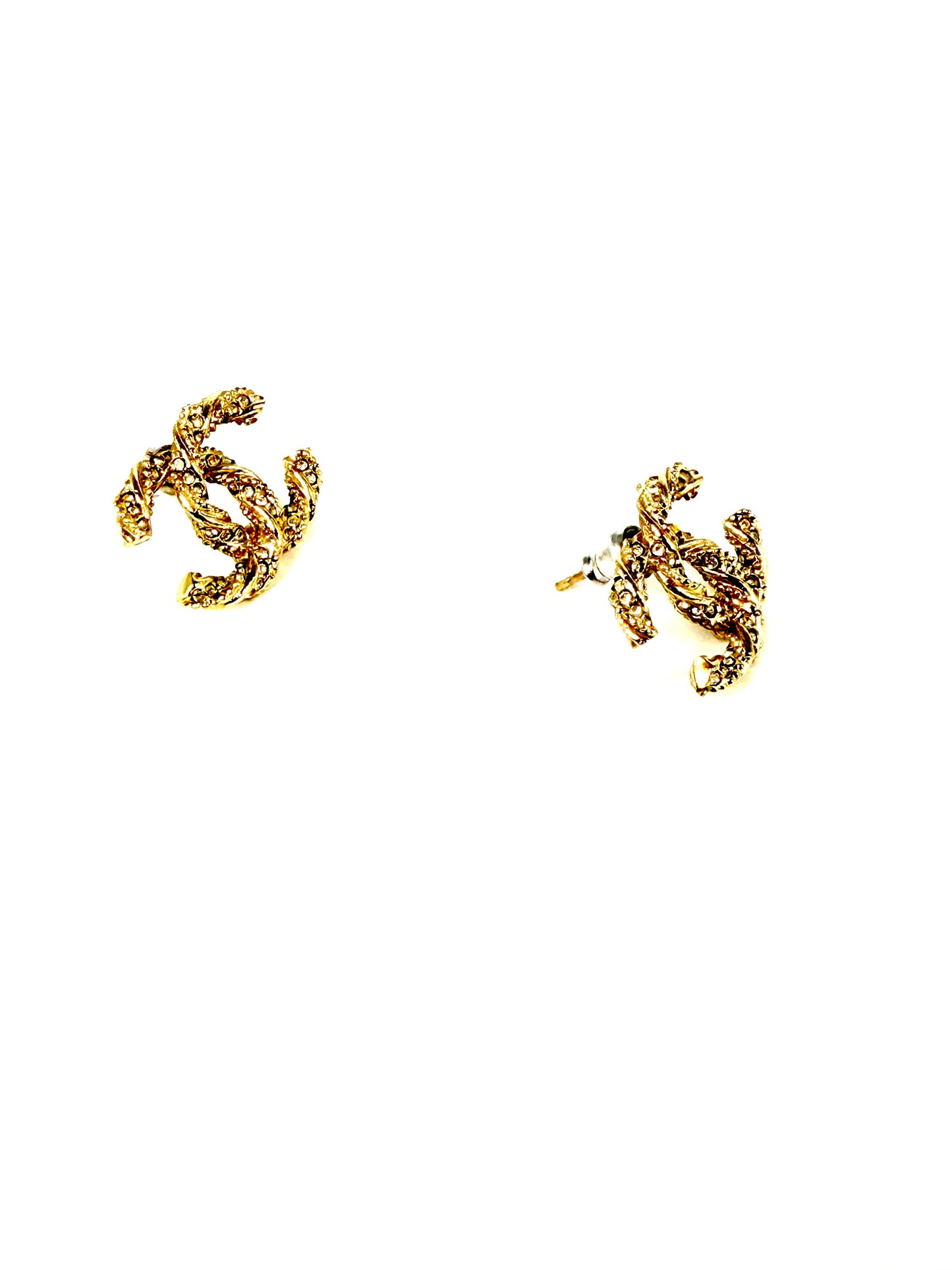 CHANEL CC Stud Light Gold Twisted Rhinestone Earrings