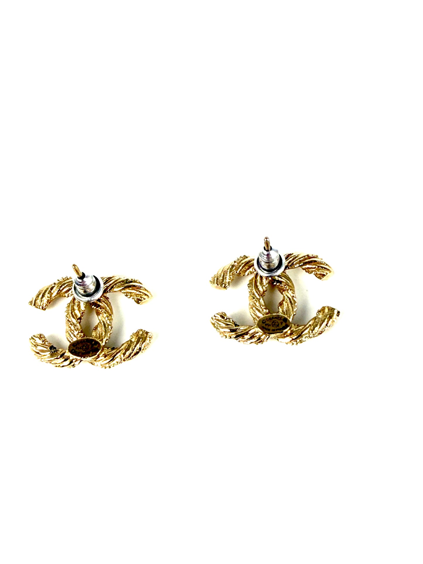 CHANEL CC Stud Light Gold Twisted Rhinestone Earrings