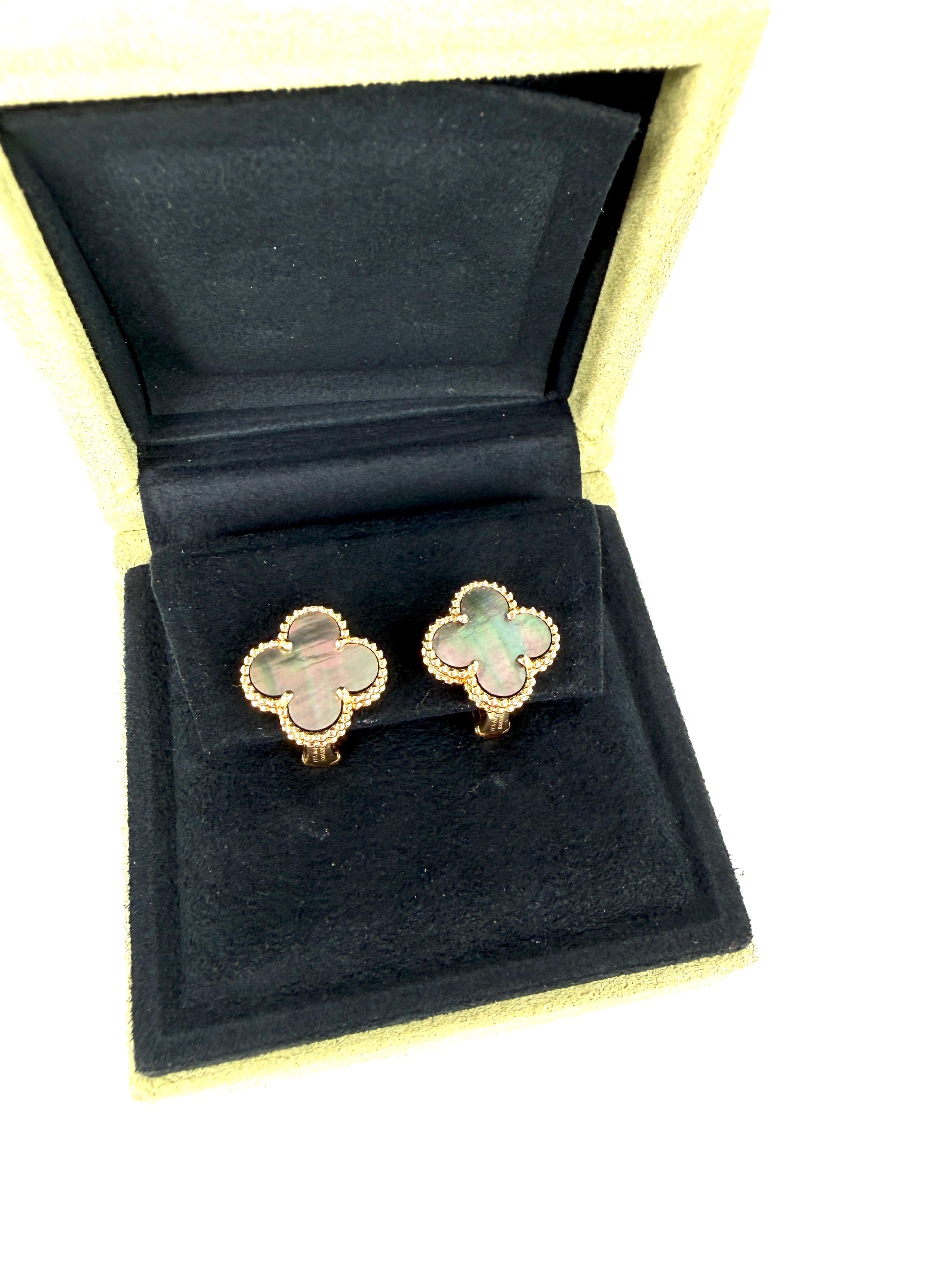 Van Cleef & Arpels Special Order Vintage Alhambra Gray Mother of Pearl 18k Yellow Gold Stud Earrings
