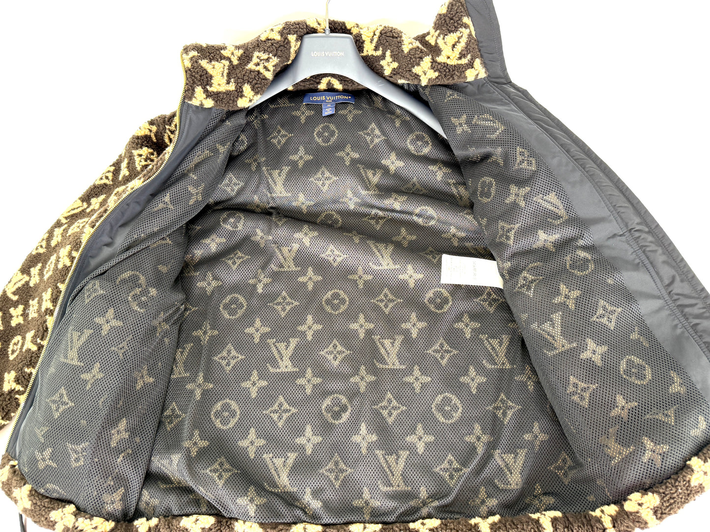 LOUIS VUITTON Monogram Fleece Hooded Brown Black Jacket Coat 36