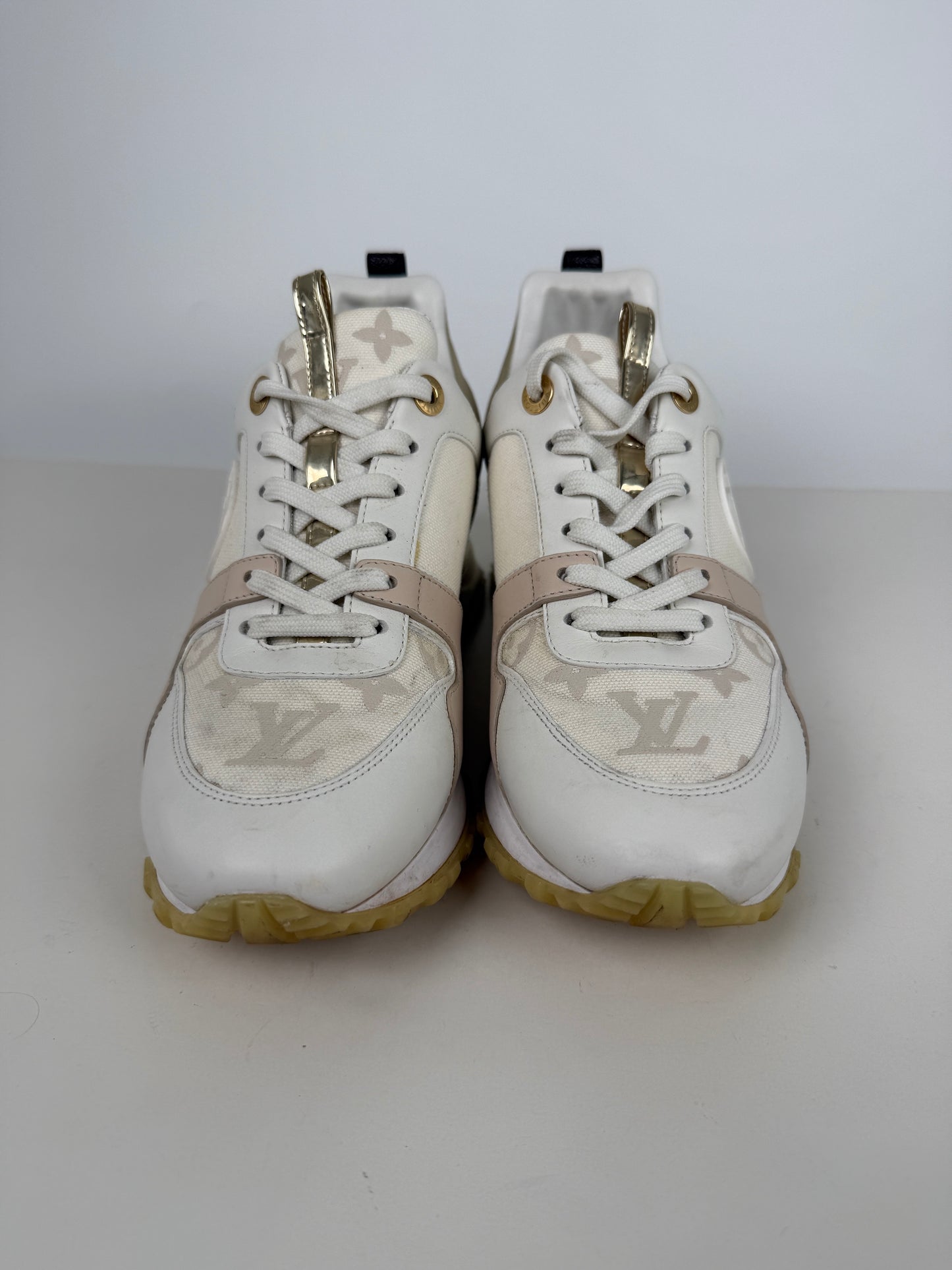LOUIS VUITTON Run Away White Leather Fabric Monogram Sneakers 36.5, 6.5