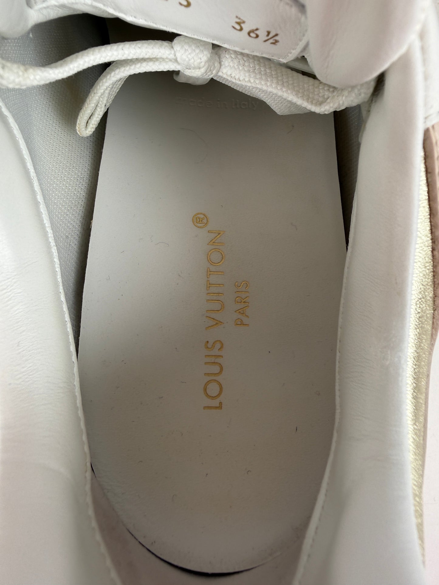 LOUIS VUITTON Run Away White Leather Fabric Monogram Sneakers 36.5, 6.5