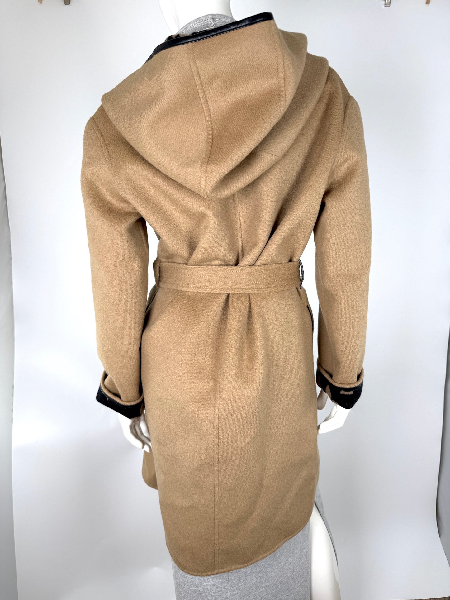 LOUIS VUITTON Wool Monogram Belted Hooded Wrap Double Face Beige Black Coat 36