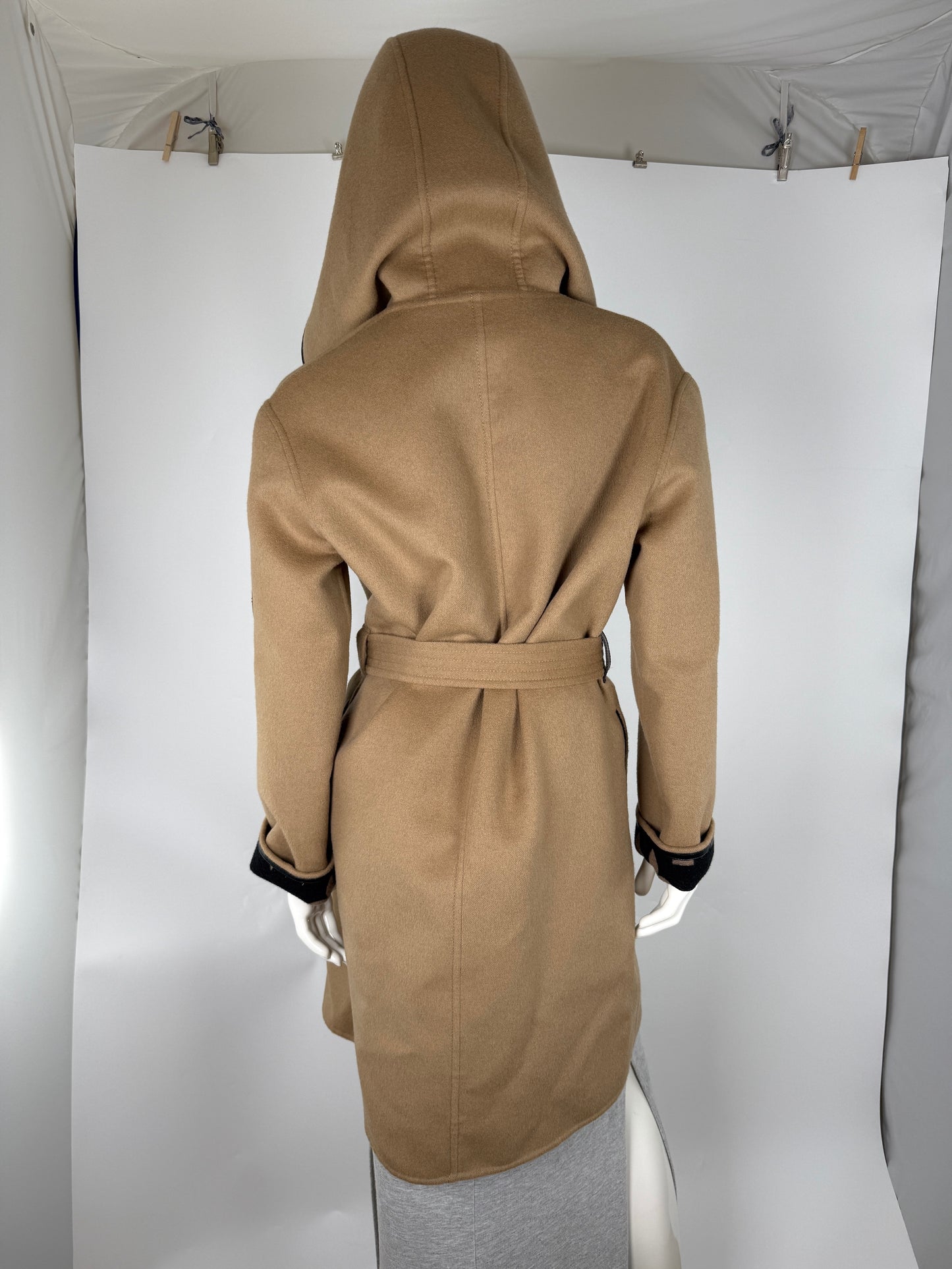 LOUIS VUITTON Wool Monogram Belted Hooded Wrap Double Face Beige Black Coat 36