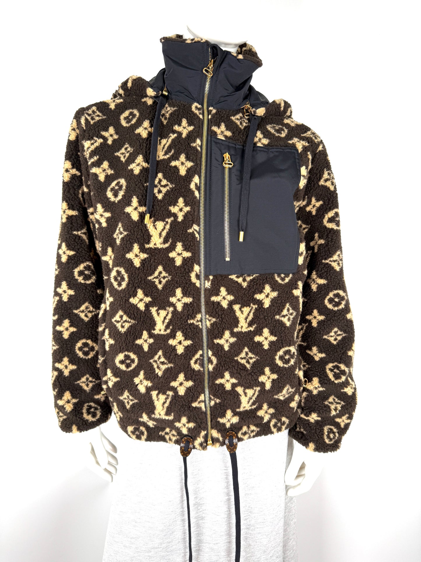 LOUIS VUITTON Monogram Fleece Hooded Brown Black Jacket Coat 36