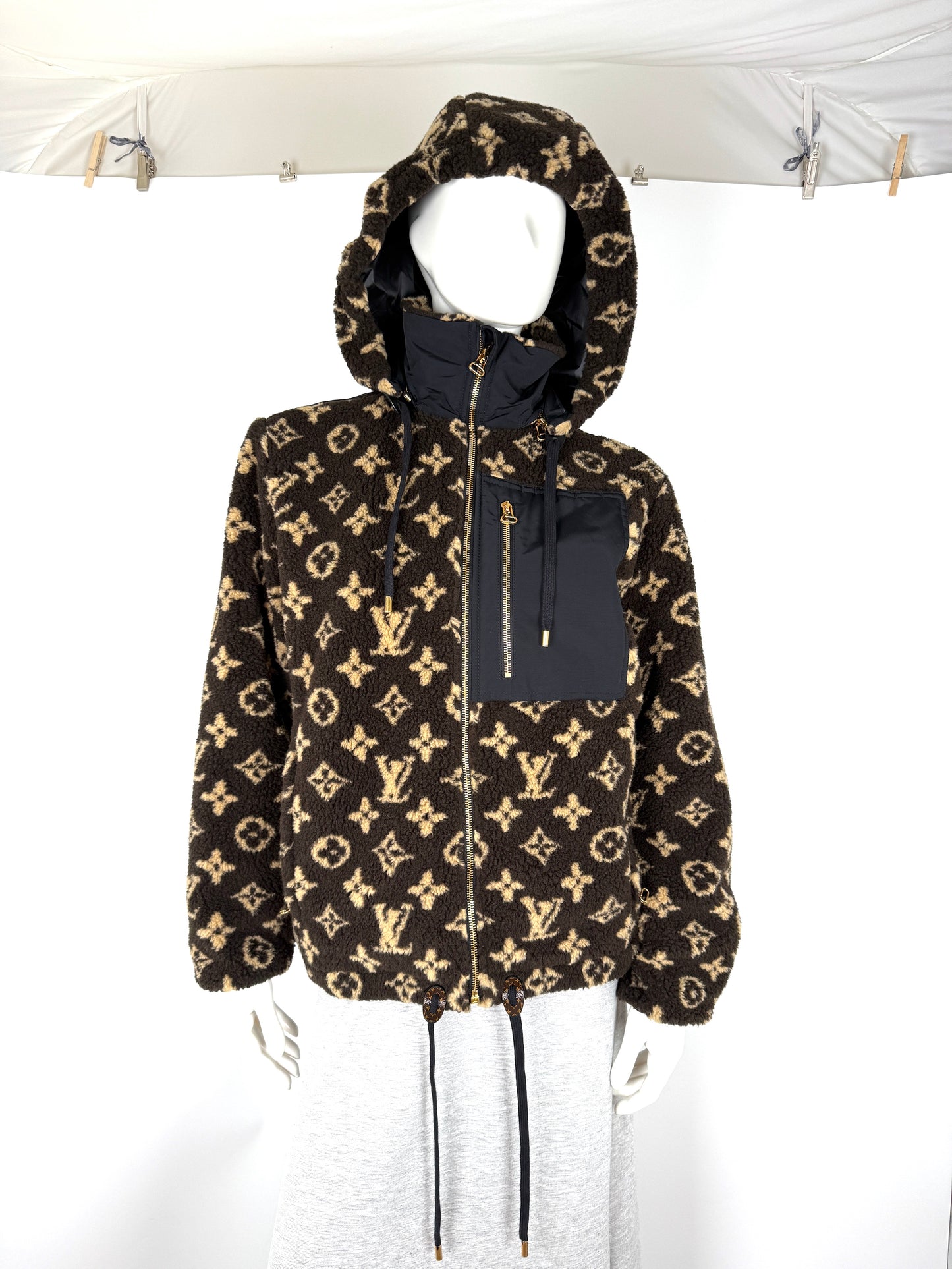 LOUIS VUITTON Monogram Fleece Hooded Brown Black Jacket Coat 36