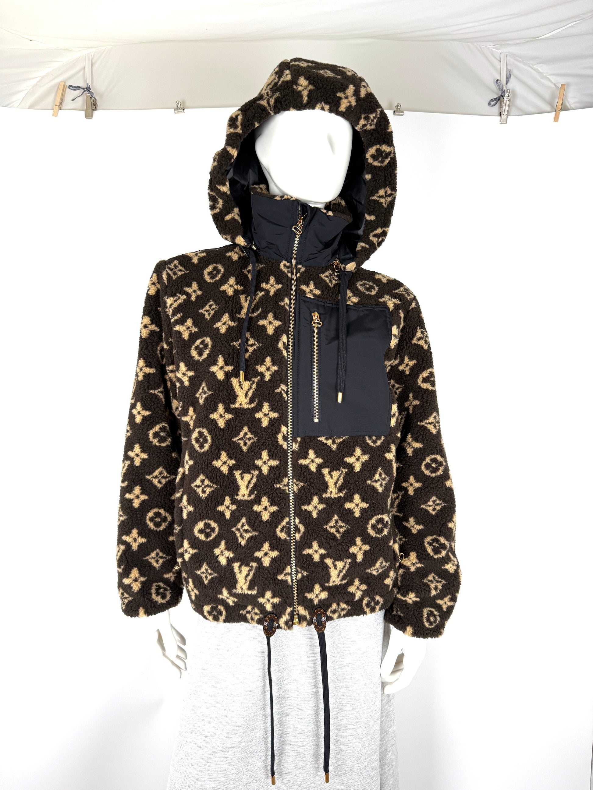 LOUIS VUITTON Monogram Fleece Hooded Brown Black Jacket Coat 36