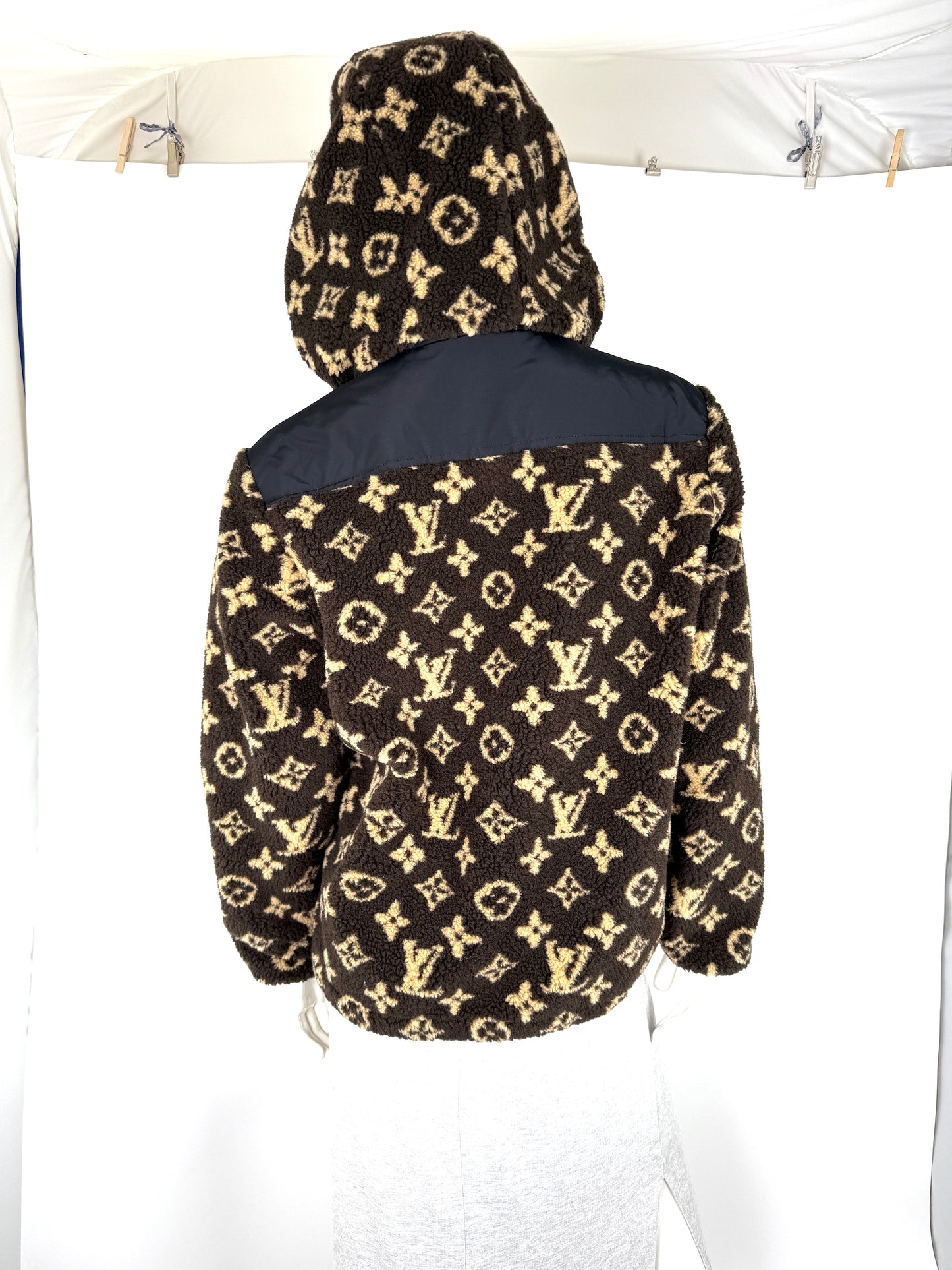 LOUIS VUITTON Monogram Fleece Hooded Brown Black Jacket Coat 36