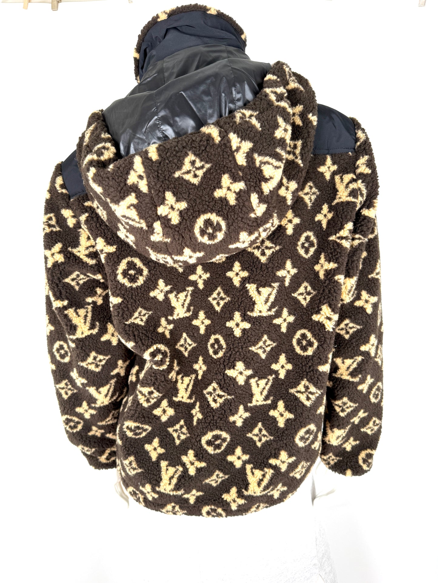 LOUIS VUITTON Monogram Fleece Hooded Brown Black Jacket Coat 36