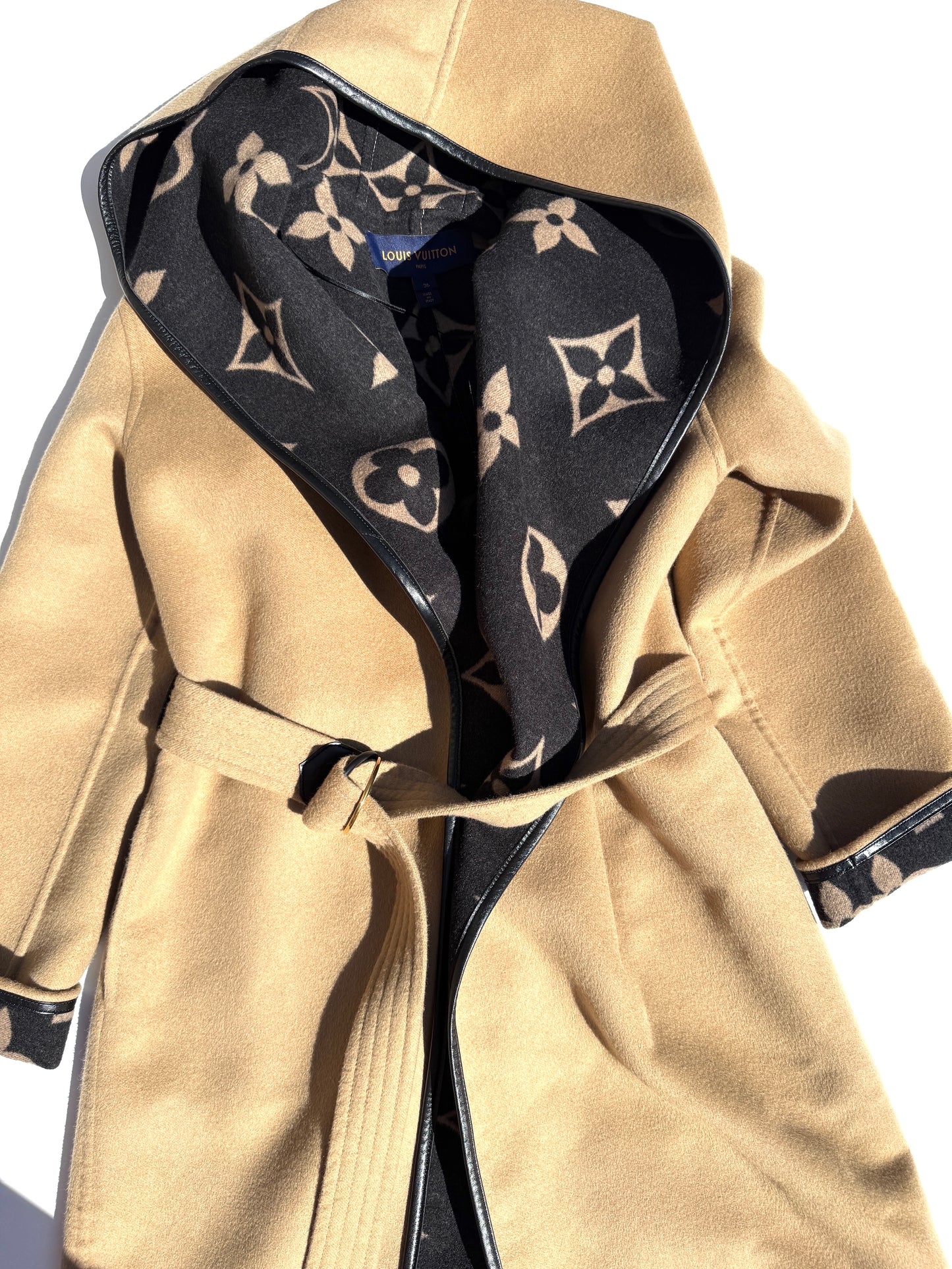 LOUIS VUITTON Wool Monogram Belted Hooded Wrap Double Face Beige Black Coat 36