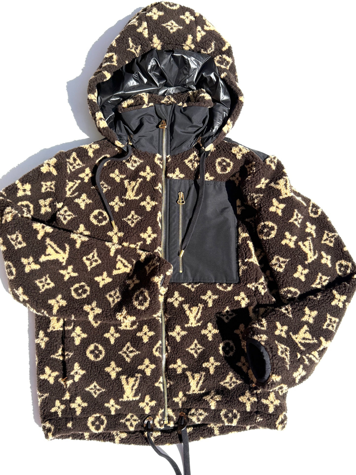 LOUIS VUITTON Monogram Fleece Hooded Brown Black Jacket Coat 36