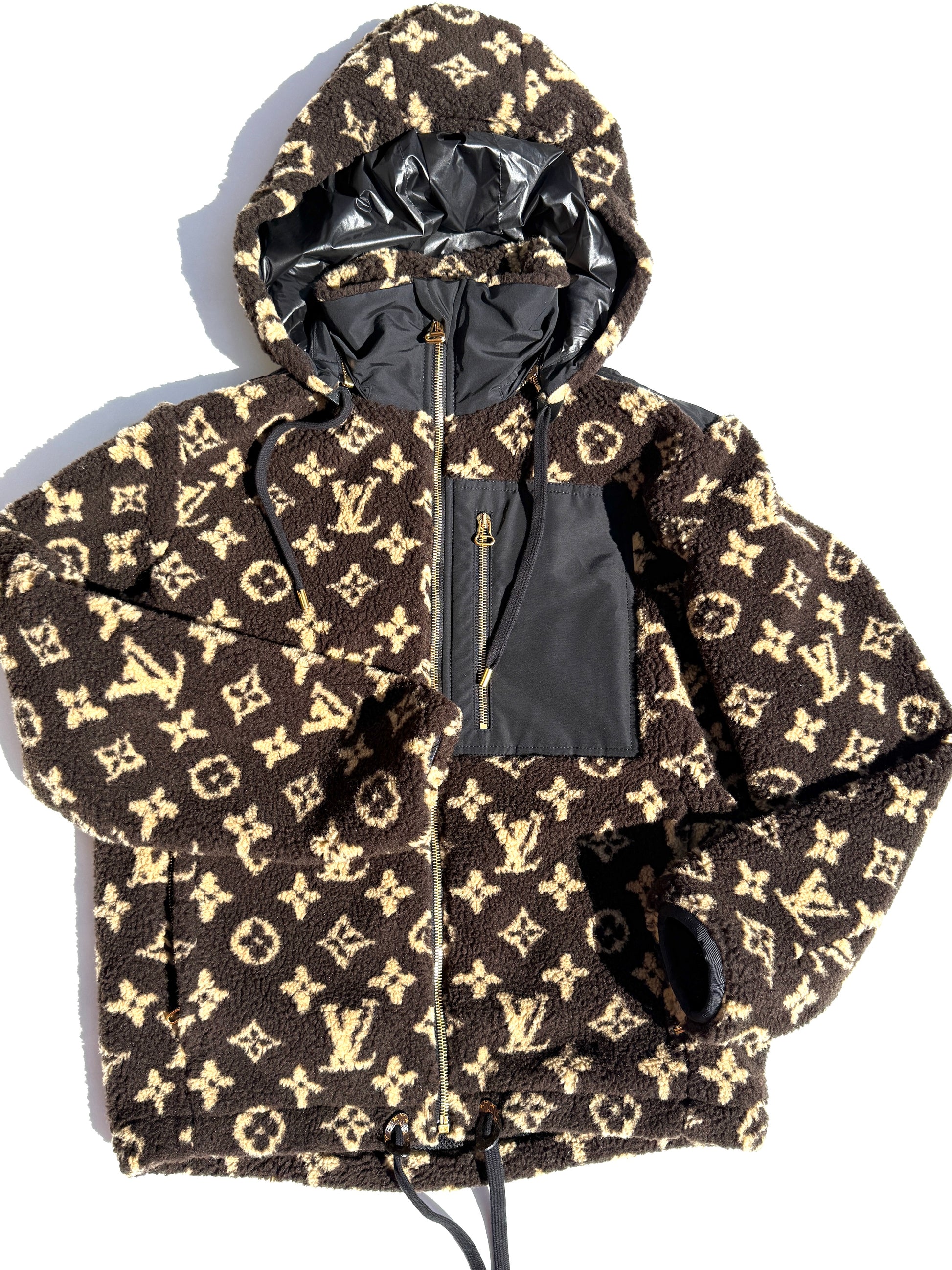 LOUIS VUITTON Monogram Fleece Hooded Brown Black Jacket Coat 36