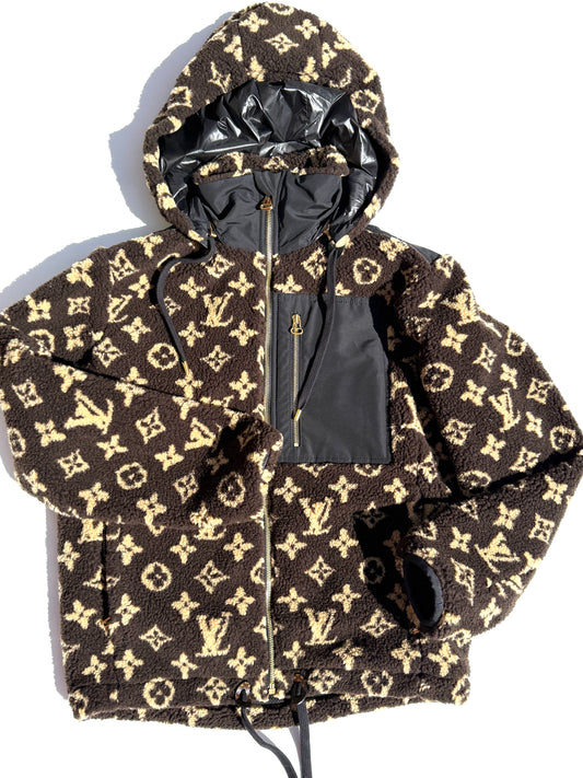 LOUIS VUITTON Monogram Fleece Hooded Brown Black Jacket Coat 36
