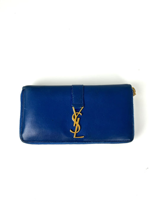 Saint Laurent YSL Blue Leather Long Continental Zip Wallet