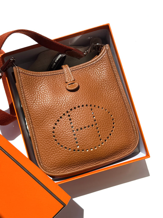HERMES Mini Evelyne TPM 16 Gold Leather Crossbody Bag 