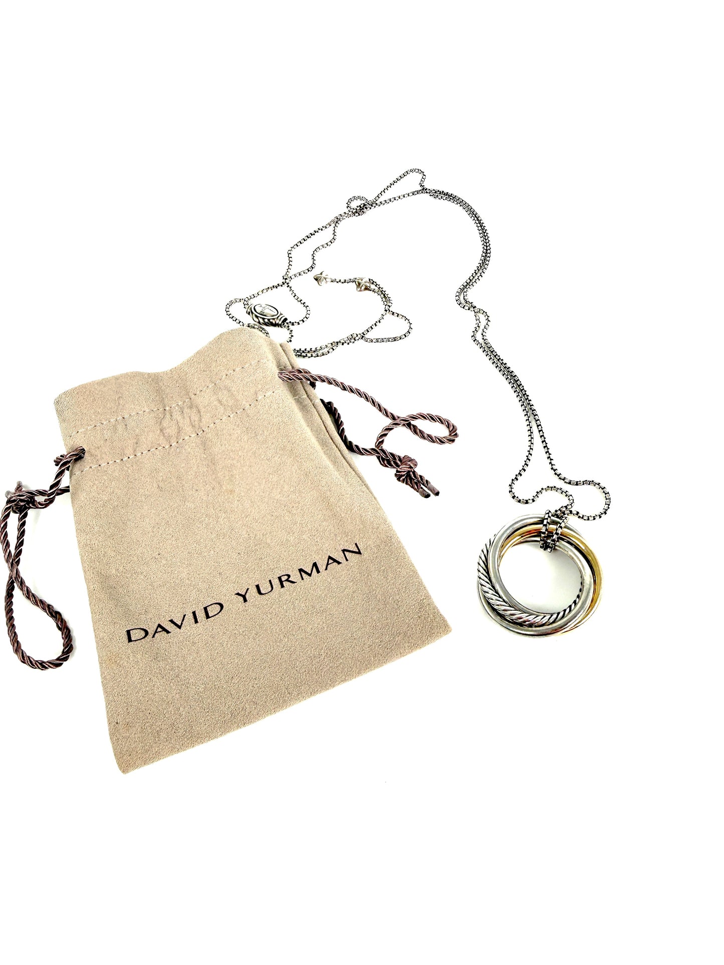 DAVID YURMAN Cable Crossover Two Tone Sterling Silver 14k Yellow Gold Pendant Adjustable Long Necklace
