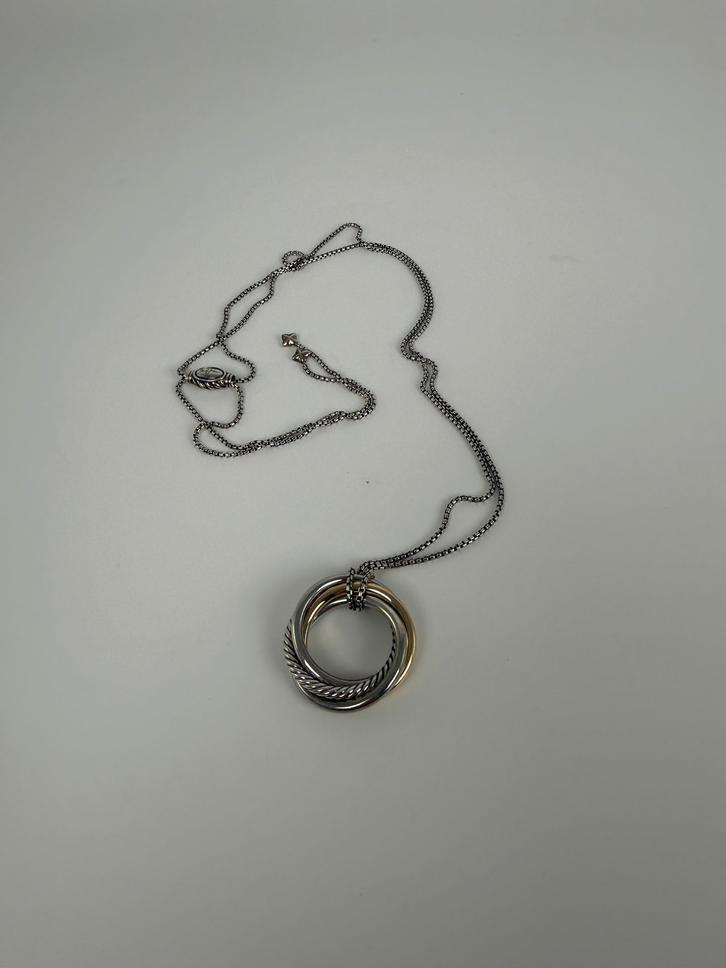 DAVID YURMAN Cable Crossover Two Tone Sterling Silver 14k Yellow Gold Pendant Adjustable Long Necklace